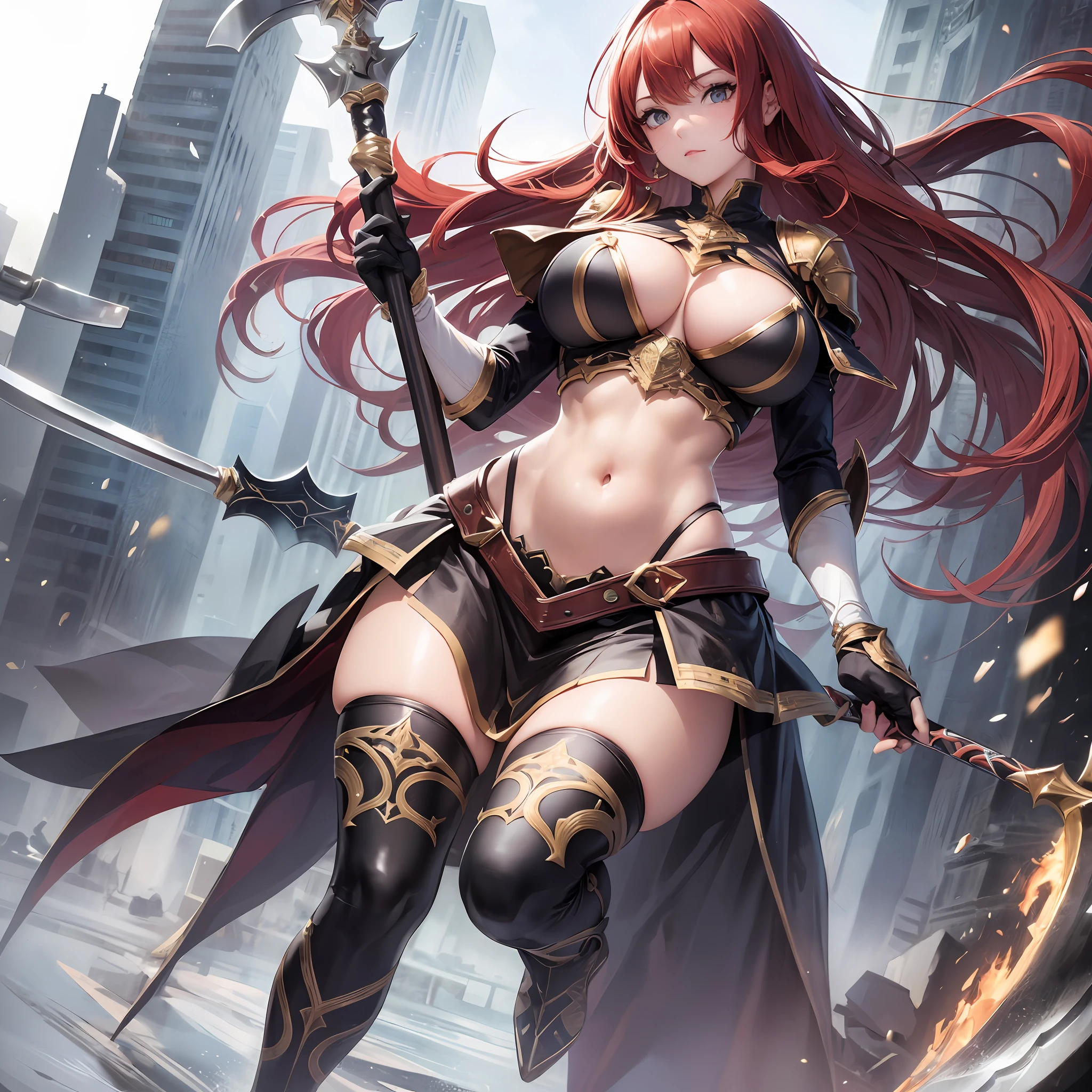 Masterpiece, Top Quality, Very Beautiful Girl, Beautiful Face and Eyes, Beautiful Hair, Solo, 1 Woman, Full Body Drawing, Dynamic Angle, (Breastplate: 2), Skirt, Gloves, Red Hair, Long Hair, Navel Out, Huge Battle Axe, (Huge Chest: 1.3) Tall
