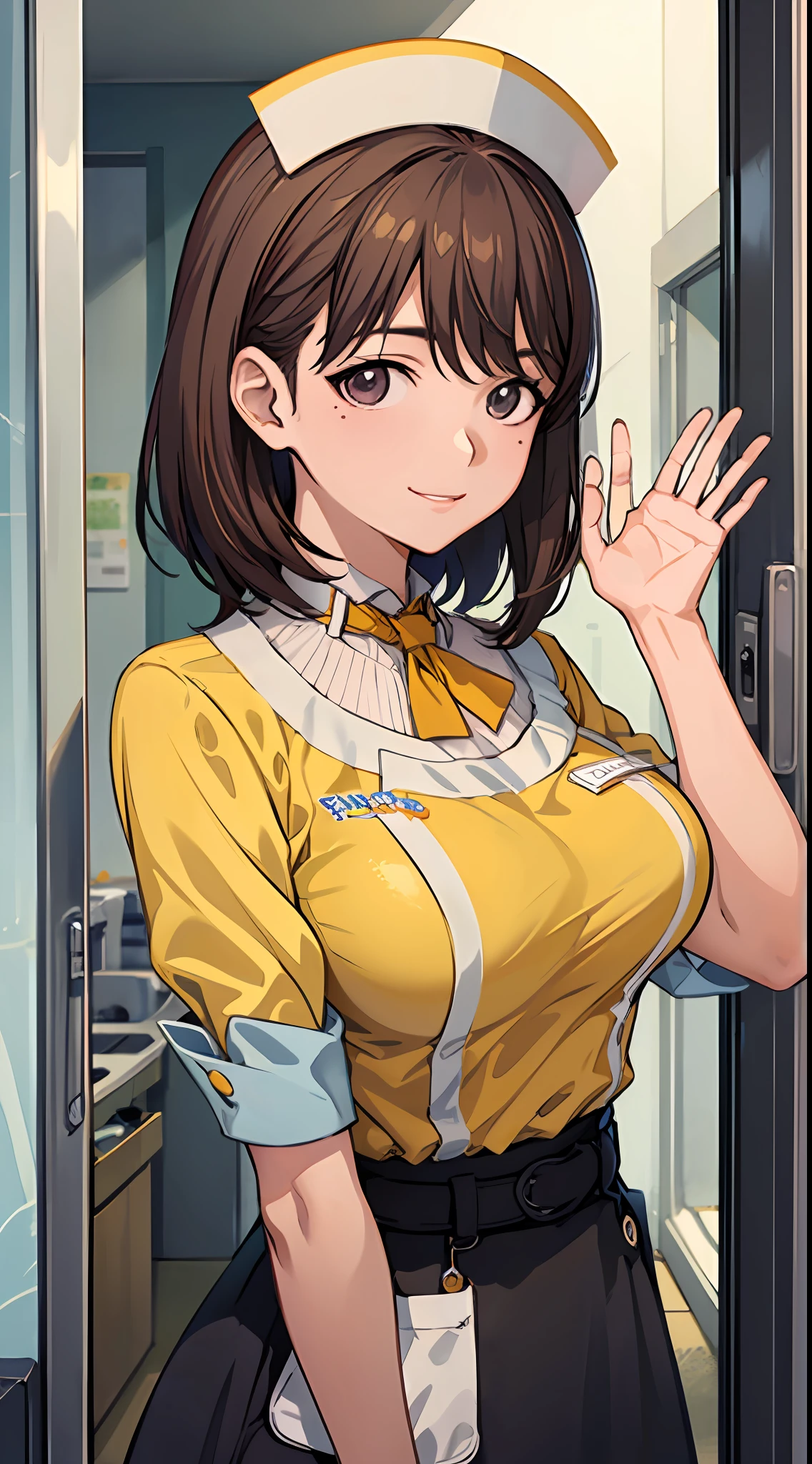 Anime girl with big breasts posing in front of the window, ((Waitress Uniform: 1.2)))), ((Yellow Uniform)), ((Yellow Sleeves)), (Apron)), ((Best Smile)))), (Upper Body)), ((Focus on People)), ((Brown Hair)), ((Seeing from the front)), (Waving)), Seductive Anime Girl, Best Anime 4k Konachan Wallpaper, attractive anime girls, 4k anime wallpapers, detailed digital anime art, anime best girls, beautiful anime girls, cyberpunk, detailed anime artwork, beautiful attractive anime women