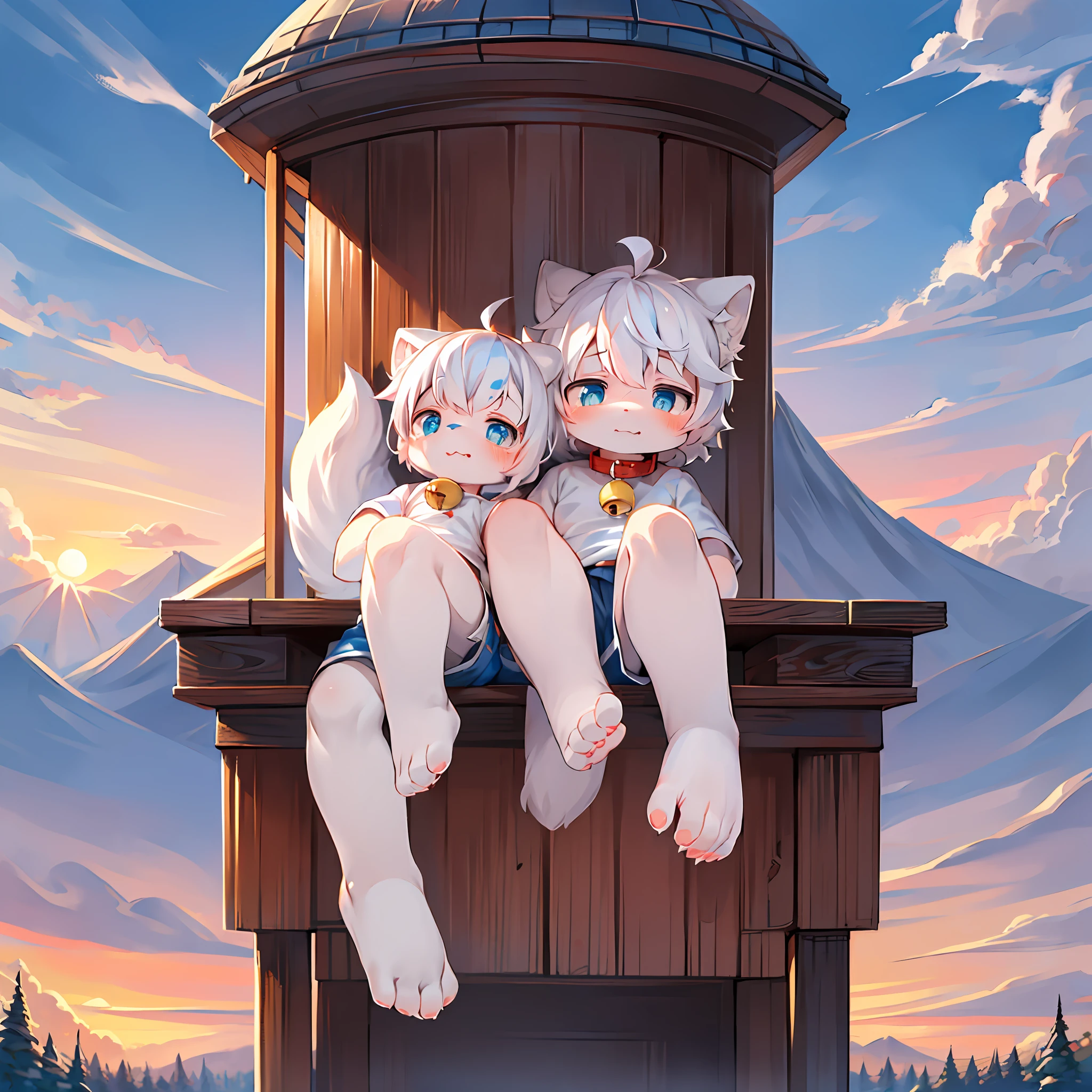 Masterpiece, high quality, absurd resolution, digital painting \ (artwork \), by dagasi, yupa, kiyosan, (fluffy fur, white fur, full body fur,), boys, blue eyes, white hair, shorts, bare feet, bright eyes, panorama, character focus. Detailed background, cloud background, dusk, sunset (bell, pet collar, white short sleeves: 1.2)