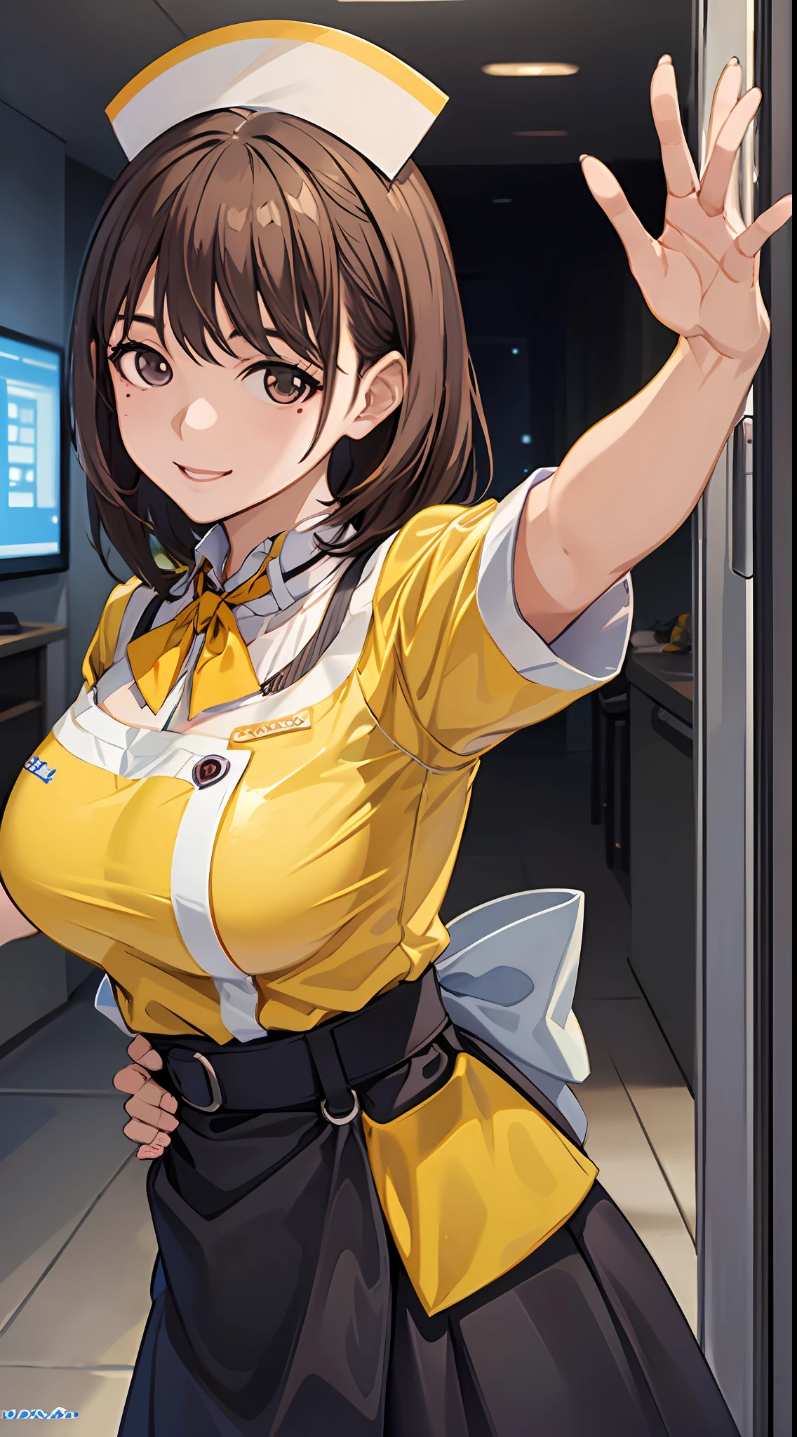 Anime girl with big breasts posing in front of the window, ((Waitress Uniform: 1.2)))), ((Yellow Uniform)), ((Yellow Sleeves)), (Apron)), ((Best Smile)))), (Upper Body)), ((Focus on People)), ((Brown Hair)), ((Seeing from the front)), (Waving)), Seductive Anime Girl, Best Anime 4k Konachan Wallpaper, attractive anime girls, 4k anime wallpapers, detailed digital anime art, anime best girls, beautiful anime girls, cyberpunk, detailed anime artwork, beautiful attractive anime women
