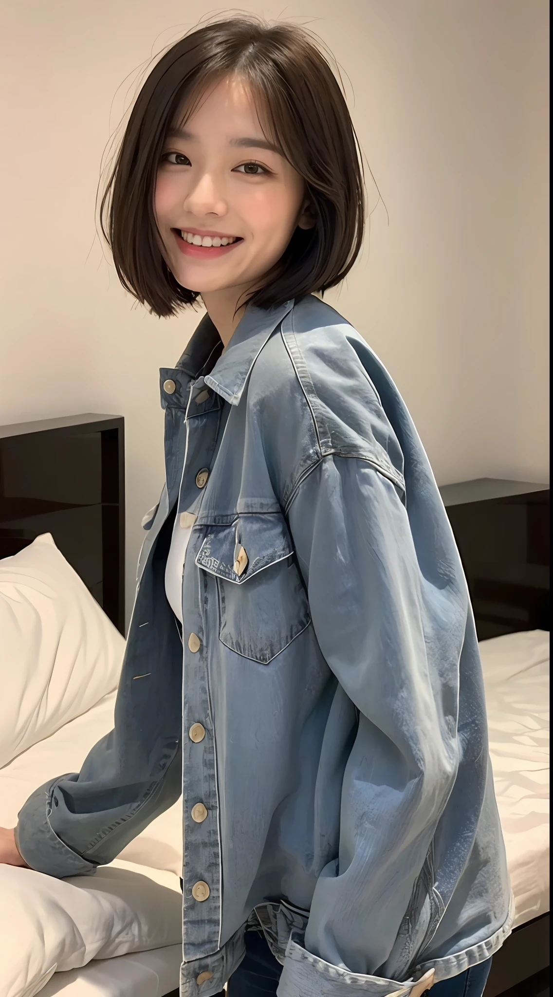 ((top quality, 4K, masterpiece: 1.3)), full body shot: 1.4, small body: 1.4, buttocks: 1.7, (layer bob cut: 1.2)), (dark street: 1.3), highly detailed face and skin texture, full body, narrow eyes, double eyelids, whitened skin, short hair, (round face: 1.5), (full 1.7), big: 1.3, butt to camera: 1.5, Turn your head to look at the camera: 1.5, chest patch: 1.7, in a warm bed, sexy look, cute smile showing white teeth