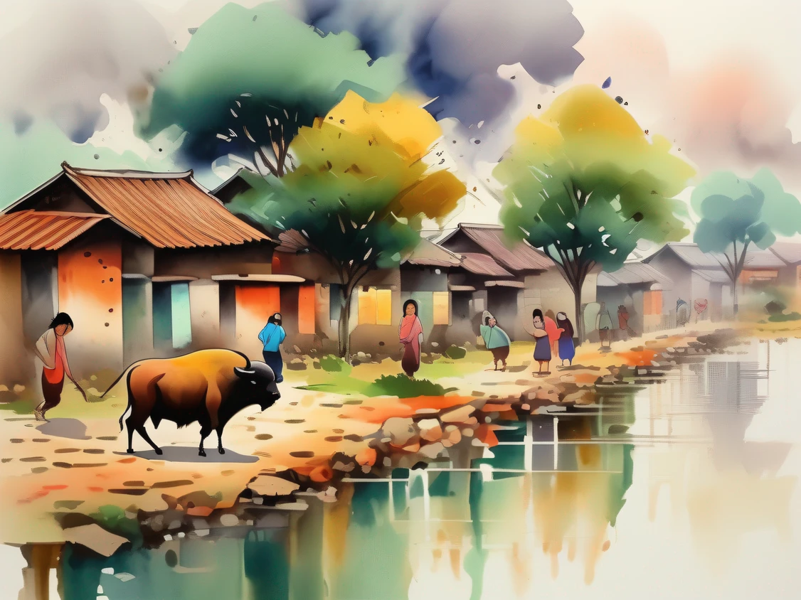 Best quality, masterpiece, illustration), ink painting, rows of tile houses, smoke and rain in the south of the river, jujube trees, a large pond, buffalo, women, children running, quiet mountain villages, pastoral, color nature, color harmony, highest texture, advanced composition,