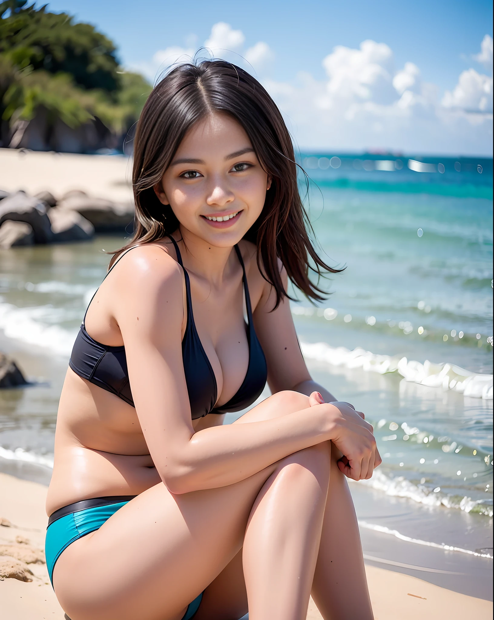 Top Quality, Soft Light, (Depth of Field), Ultra High Resolution, (Photorealistic: 1.4), RAW Photo, (Portrait: 1.4), (Frontal)
1 Japan girls, solo, cute, (shy, smile:1.1), (brown eyes), detail beautiful face, light blue bikini, full body, sea, beach, black hair short, various poses