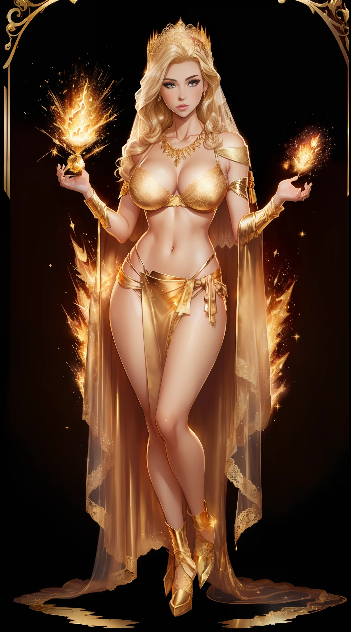 ((full body)), (((head to toe))), (((1 female, solo))), beautiful blushing slender Queen of Gold (((with gorgeous blonde hair))), small bust, narrow waist, thin legs, (((against gold spark background))), (((gold lace brassiere, loincloth))), gold necklace, gold tiara, veil, (((American comic style with dark contours))), (((art by J. Scott Campbell)))