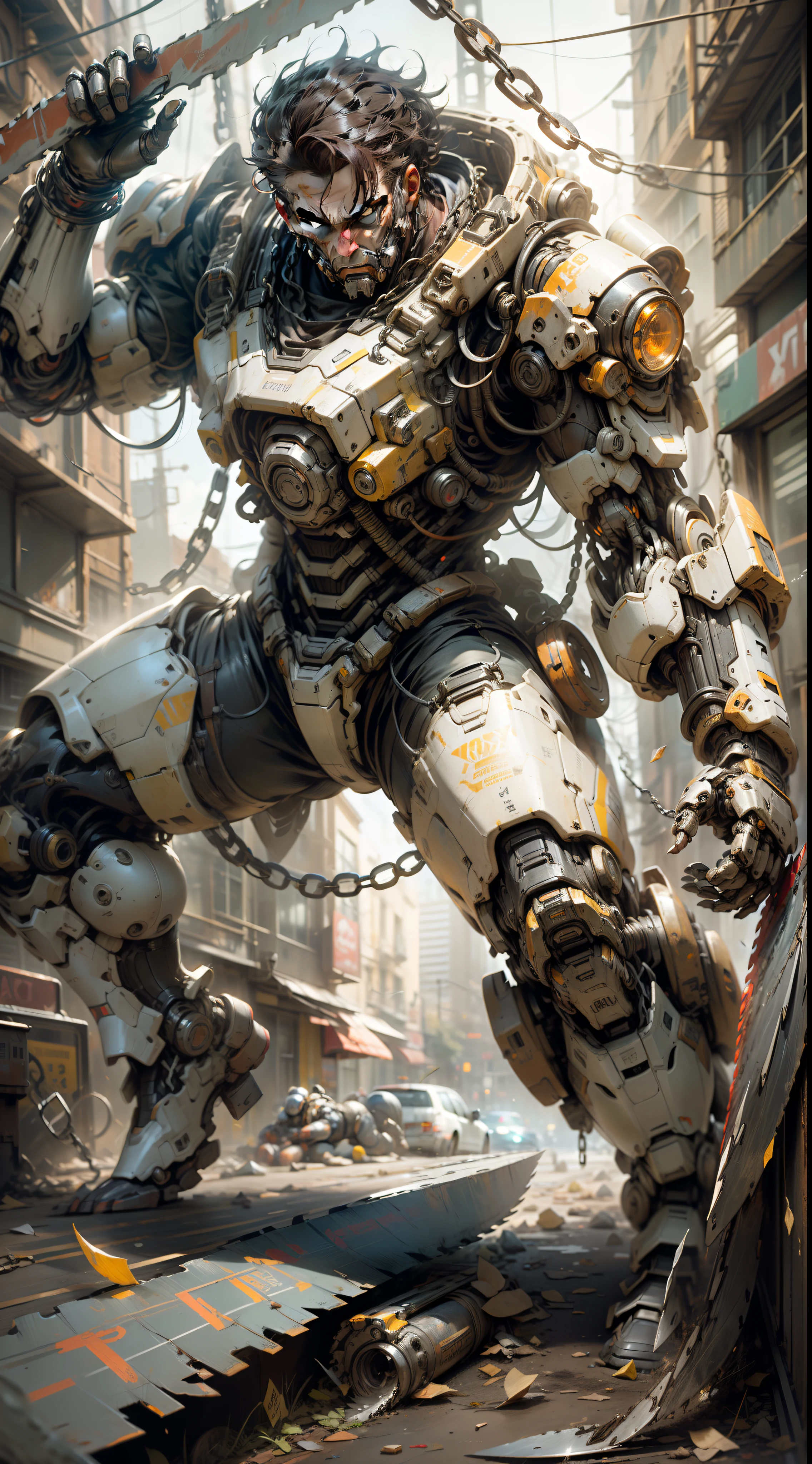 Dark_Fantasy,Cyberpunk,(chain saw,chain saw man,Red:1.1),1man,Mechanical marvel,Robotic presence,Cybernetic guardian, wearing a worn-out mech suit, intricate, (steel metal [rusty]), elegant, clear focus, shot by greg rutkowski, soft lighting, vibrant colors, masterpiece, ((street)), cowboy shot, dynamic pose,