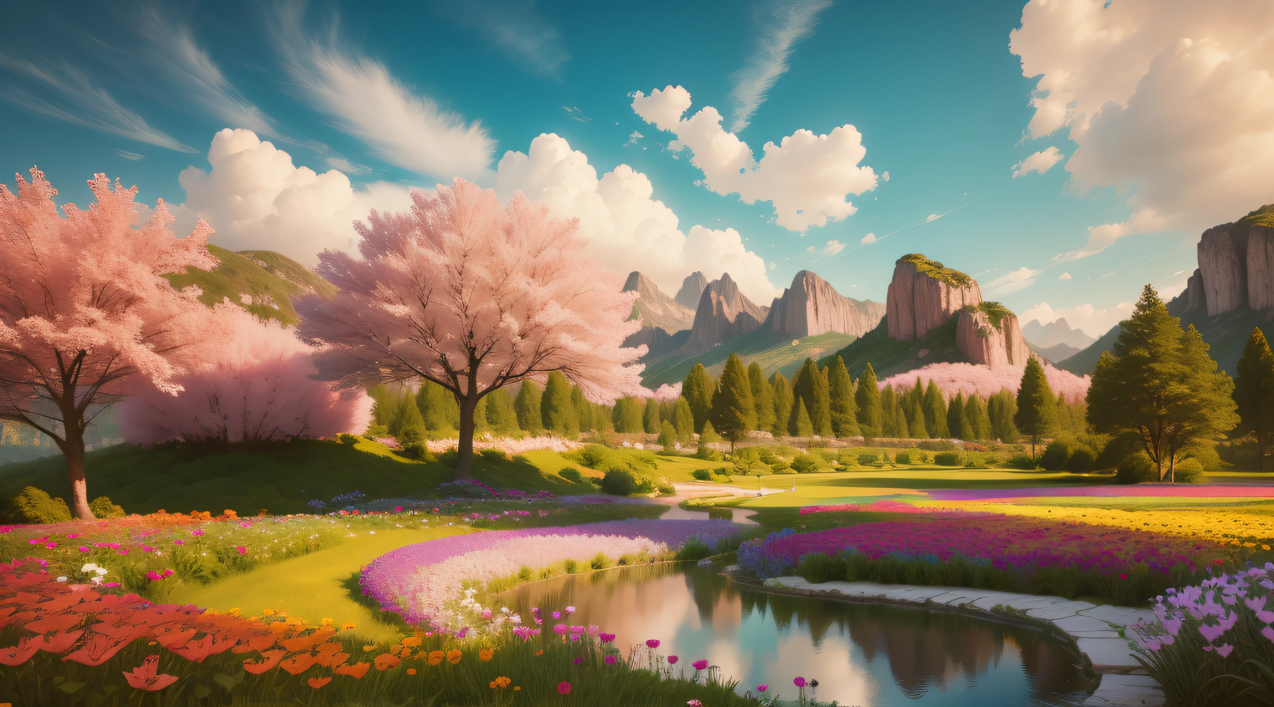 Flower Garden, Scenic Colorful Environment, Natural Scenery, Beauty of Natural Landscape, 4K Highly Detailed Digital Art, Beautiful Art UHD 4K, Bright Landscape, Beautiful Landscape, Beautiful Landscape Background, Natural Landscape, Background Illustration, Very Beautiful Digital Art, Beautiful Dreamy Landscape, Magical Landscape, Special Colorful Landscape, Beautiful Composition 3 - D 4K