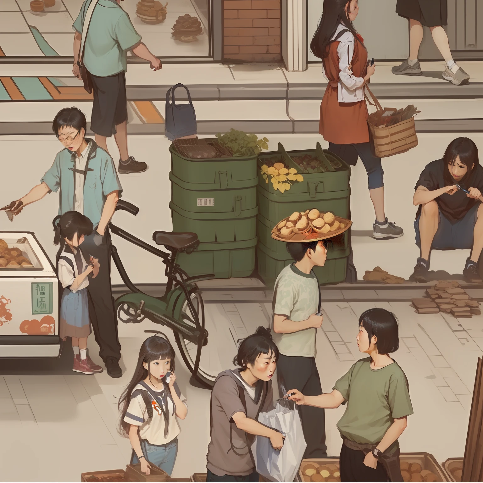there are many people standing in a crowded area with food, by Fei Danxu, immensely detailed scene, by Wang Yi, by Liu Haisu, by Cui Zizhong, very detailed illustration, by Yi Inmun, crowded street, detailed 2d illustration, by Sheng Maoye, by Shen Zhou, by Wang Wei, by Li Zai, illustrative art --auto