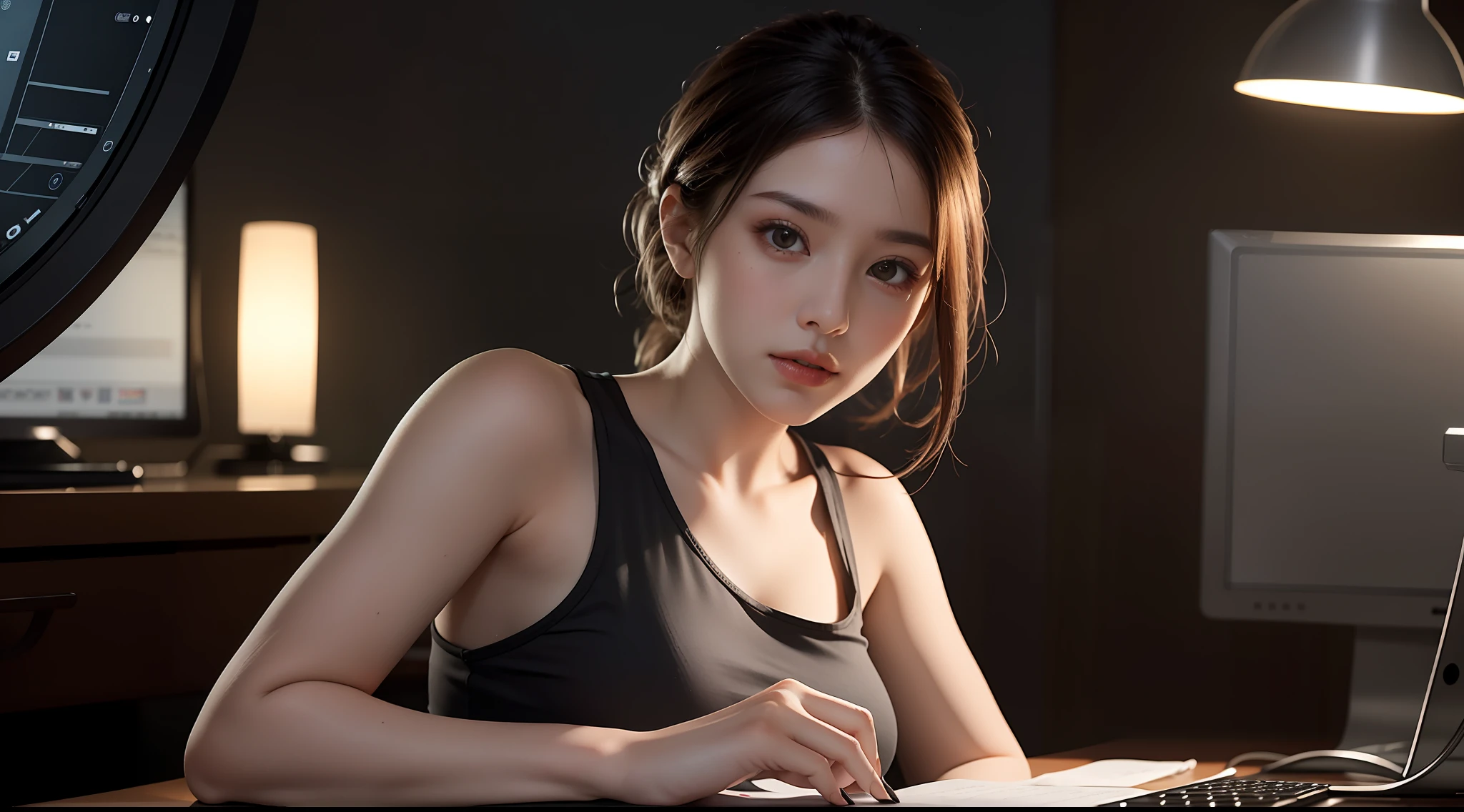 beautiful lighting, real life, beautiful professional women, wear tank top short skirt, sitting in front of computer doing work, eye looking to camera, full body view, , intricate, high detail, sharp focus, ultra realistic, 8K, masterpiece, best quality, high quality