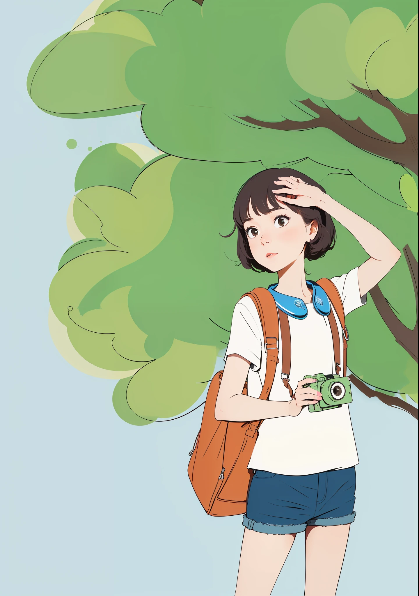 It's a bright day, a girl standing under a tree blocking the sun, wearing white clothes, blue collar, denim shorts, carrying a school bag, and a camera around her neck