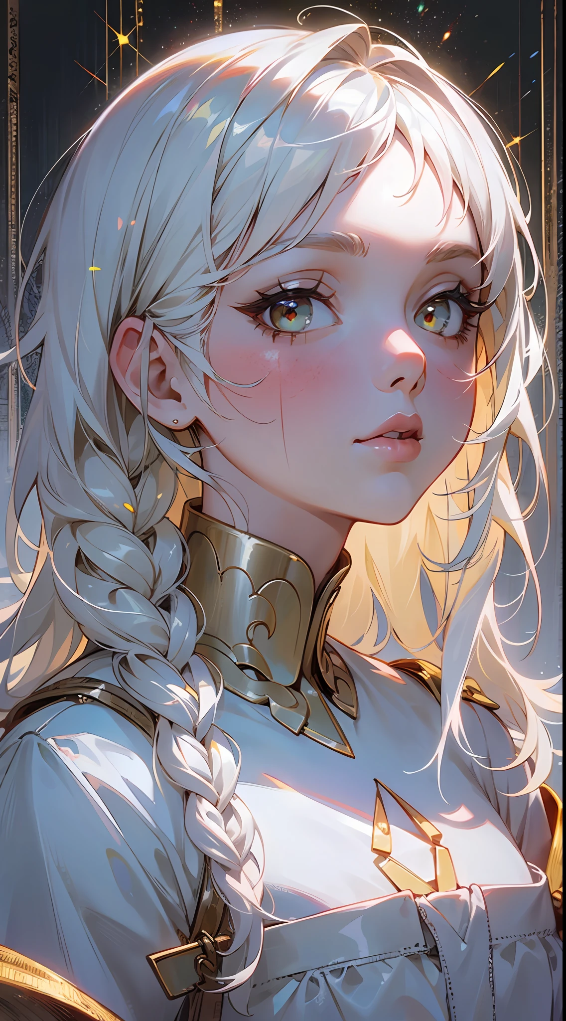 1 girl, solo, superlative, masterpiece, white hair, golden eyes, white clothes, looking up, upper body, hair, fair skin, side braids, looking at the audience,