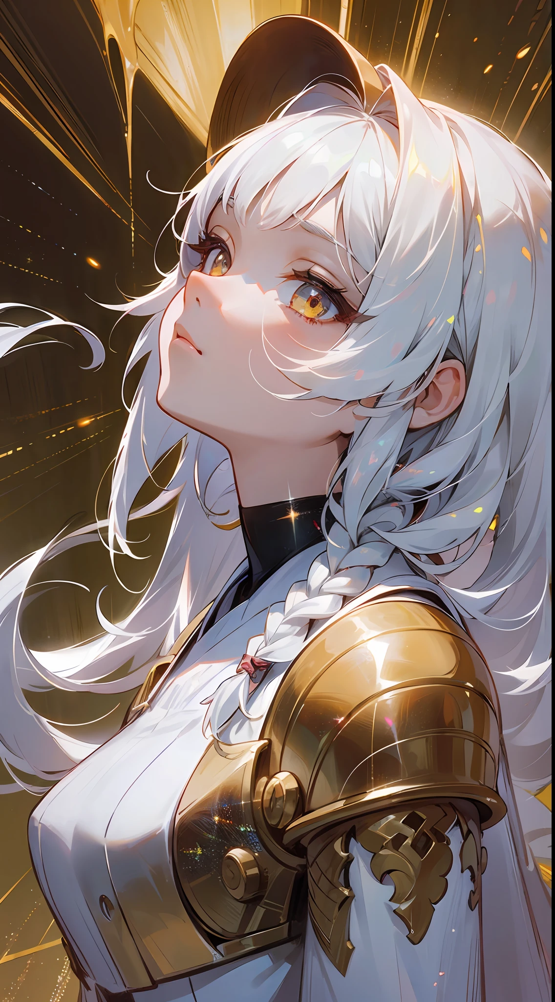 1 girl, solo, superlative, masterpiece, white hair, golden eyes, white clothes, looking up, upper body, hair, fair skin, side braids, looking at the audience,