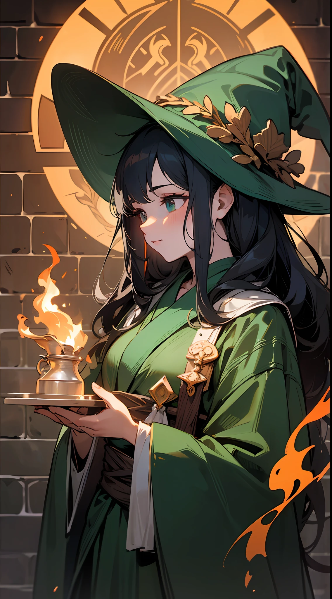 Top quality, detail, 8K, 4K, high resolution, detailed, black and long-haired witch, upper body shown, wearing a green robe, casting flame magic, in a dimly lit brick maze, ((multiple girls)), characters of various colors, (fantasy world), winter night,