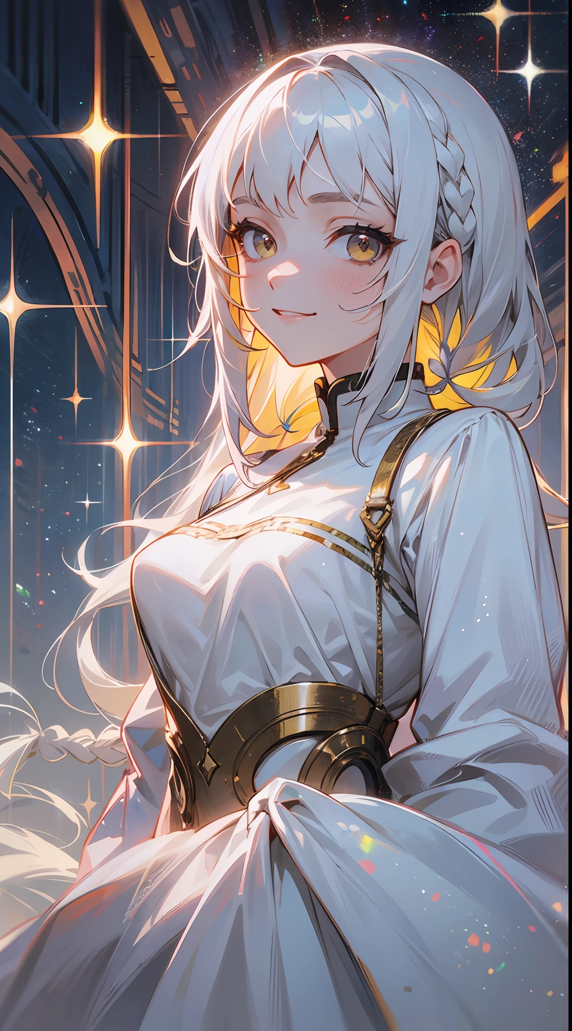 1 girl, solo, superlative, masterpiece, white hair, golden eyes, white clothes, looking up, upper body, hair, fair skin, side braids, looking at the audience, sparkling, smiling, gray eyes,