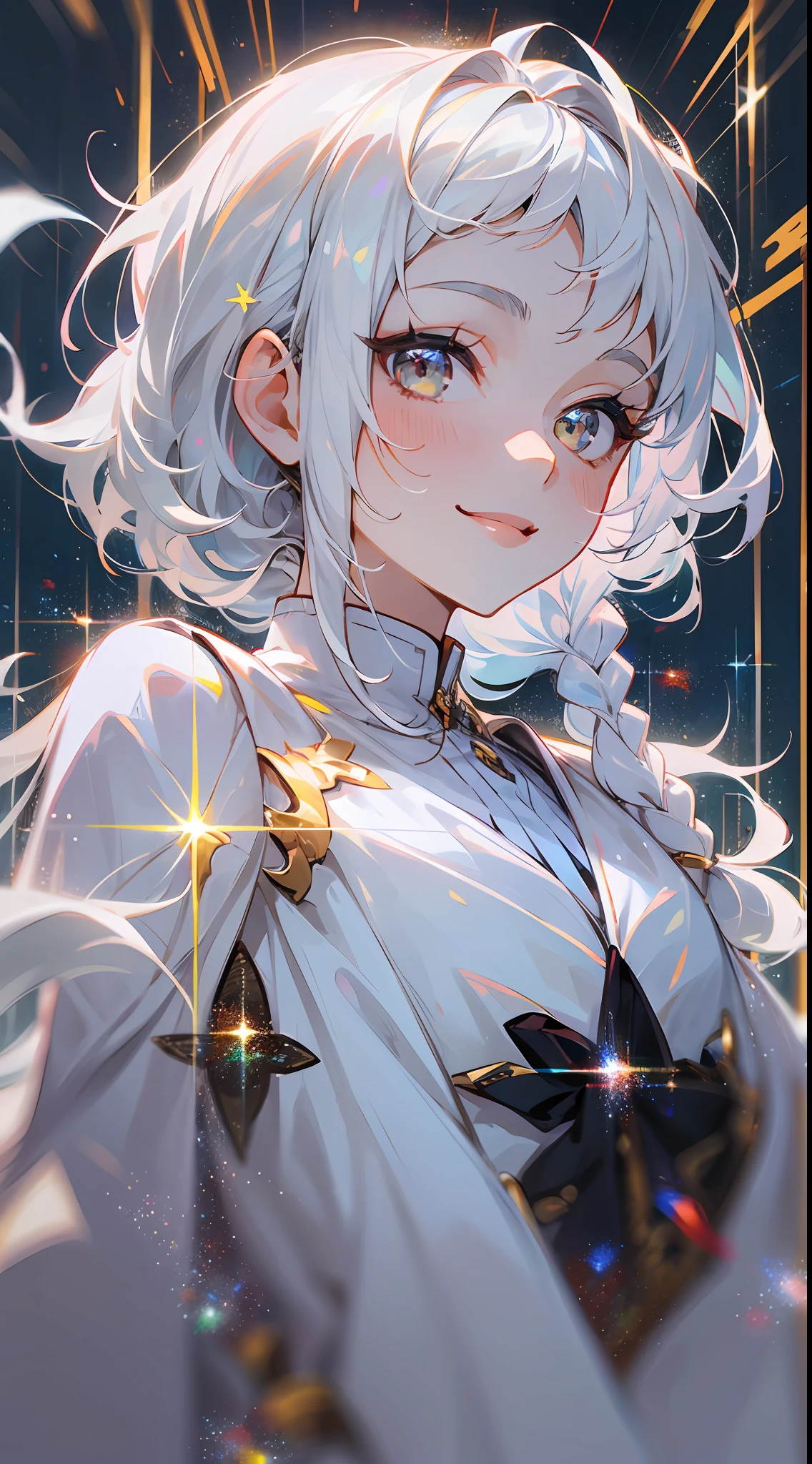 1 girl, solo, superlative, masterpiece, white hair, golden eyes, white clothes, looking up, upper body, hair, fair skin, side braids, looking at the audience, sparkling, smiling, gray eyes,