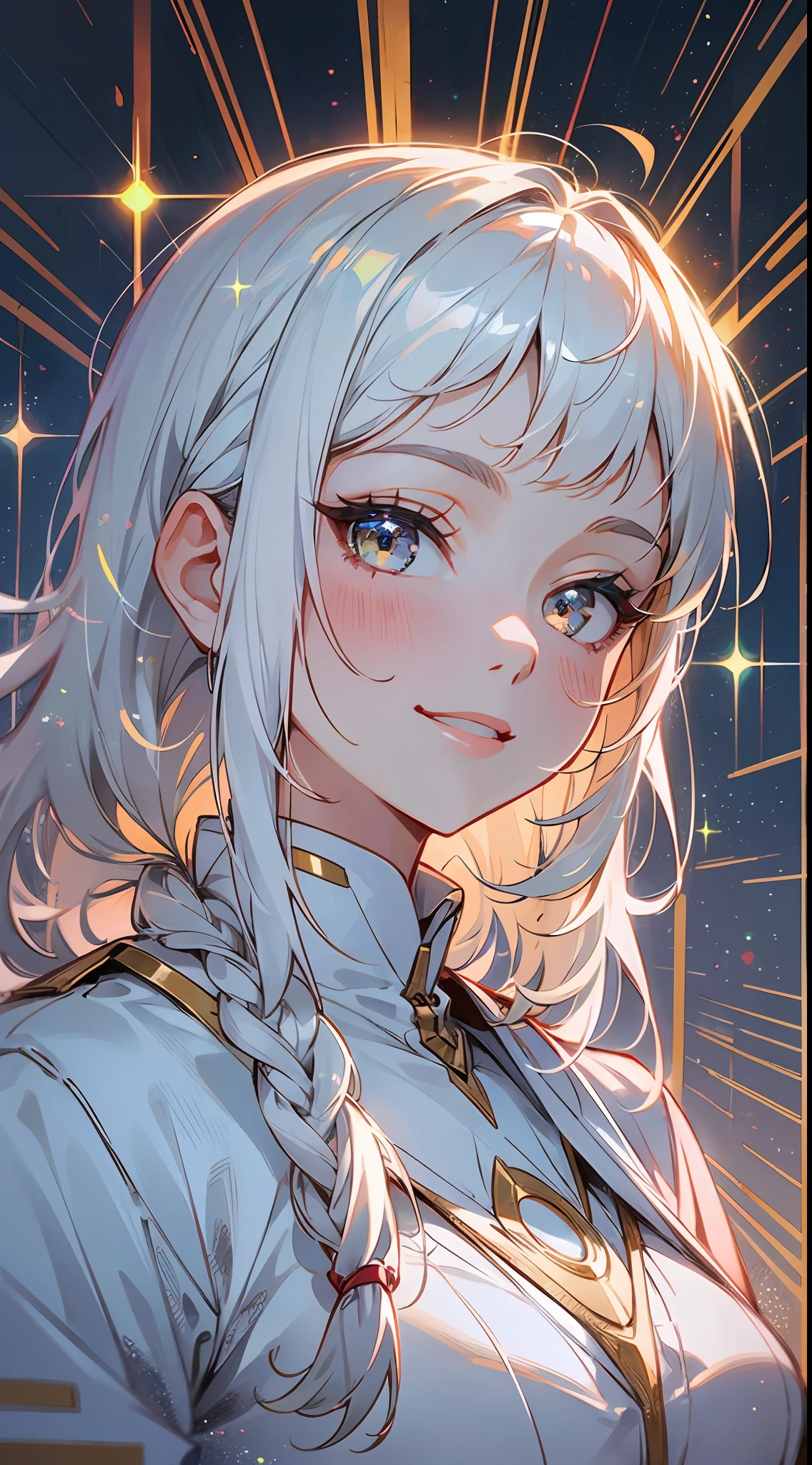 1 girl, solo, superlative, masterpiece, white hair, golden eyes, white clothes, looking up, upper body, hair, fair skin, side braids, looking at the audience, sparkling, smiling, gray eyes,