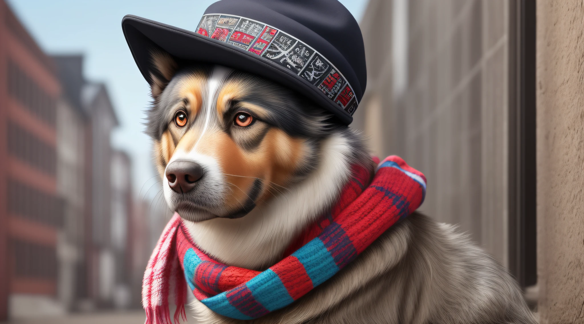 image of cute himalayan shepherd dog with hat and scarf, art season trend, dressed in punk clothes, hyper realistic detailed rendering, british gang member, urban style, intimidating pose, planet of cats, fashion clothes, urban samurai, meow, west slavic traits, 8 1 5