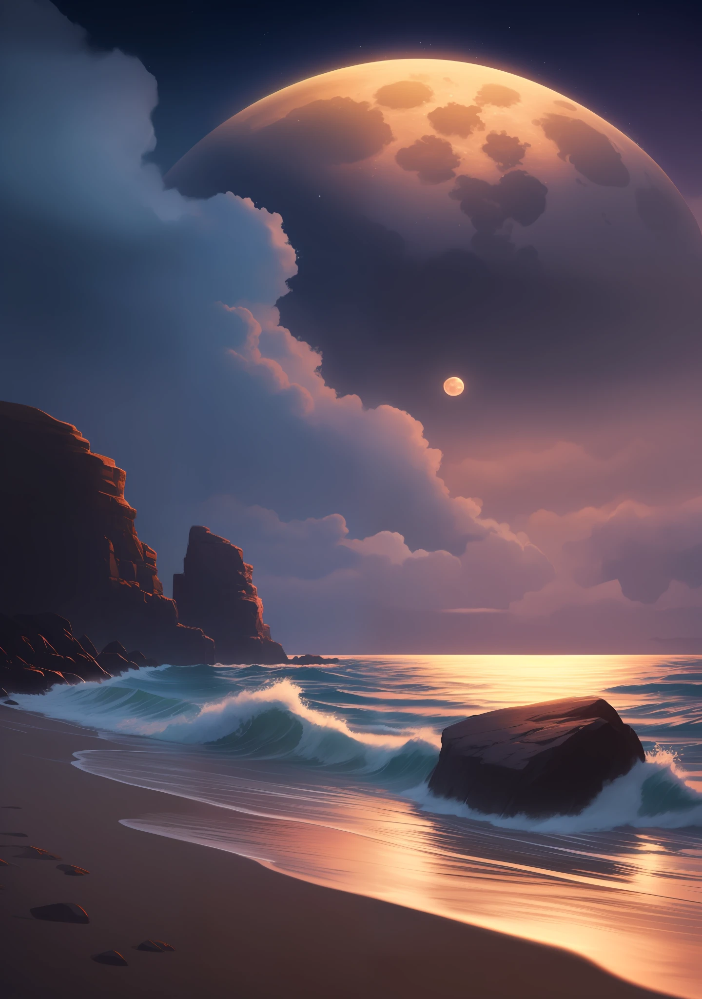 Nice beach at night with a big full moon that reflects off the very rough water. Digital painting, artstation, concept art, soft focus, sharp, illustration. --auto --s2