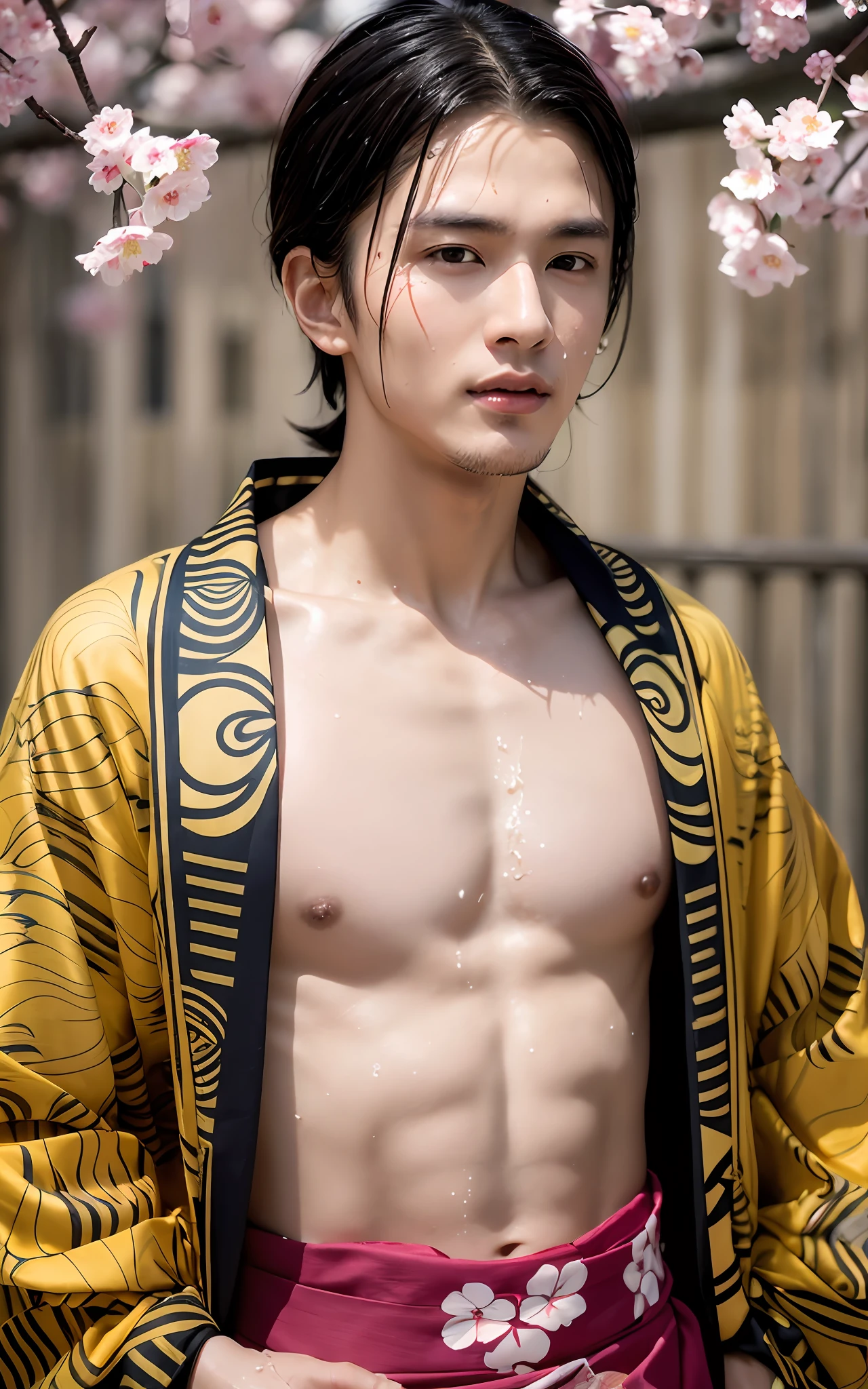 (Photorealistic: 1.2, Best Quality, 8k, Wet: 1.3), (Man, hands on chest), Ukrainian, 20 years old, Soji Okita, actor, Kimono with cherry blossom pattern, (sweat: 1.2), fine skin, (film lighting, arm hair, beard), tan, soft light, double eyelids, (seductive), ((excited))