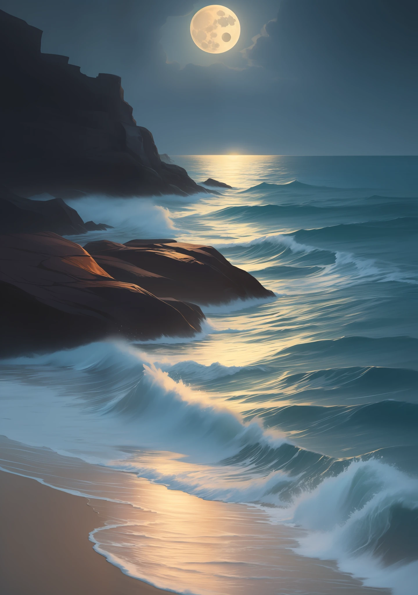 Nice beach at night with a big full moon that reflects off the very rough water. Digital painting, artstation, concept art, soft focus, sharp, illustration. --auto --s2