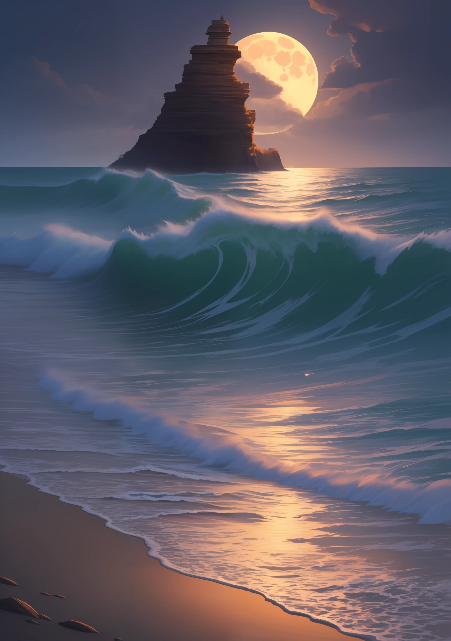 Nice beach at night with a big full moon that reflects off the very rough water. Digital painting, artstation, concept art, soft focus, sharp, illustration. --auto --s2