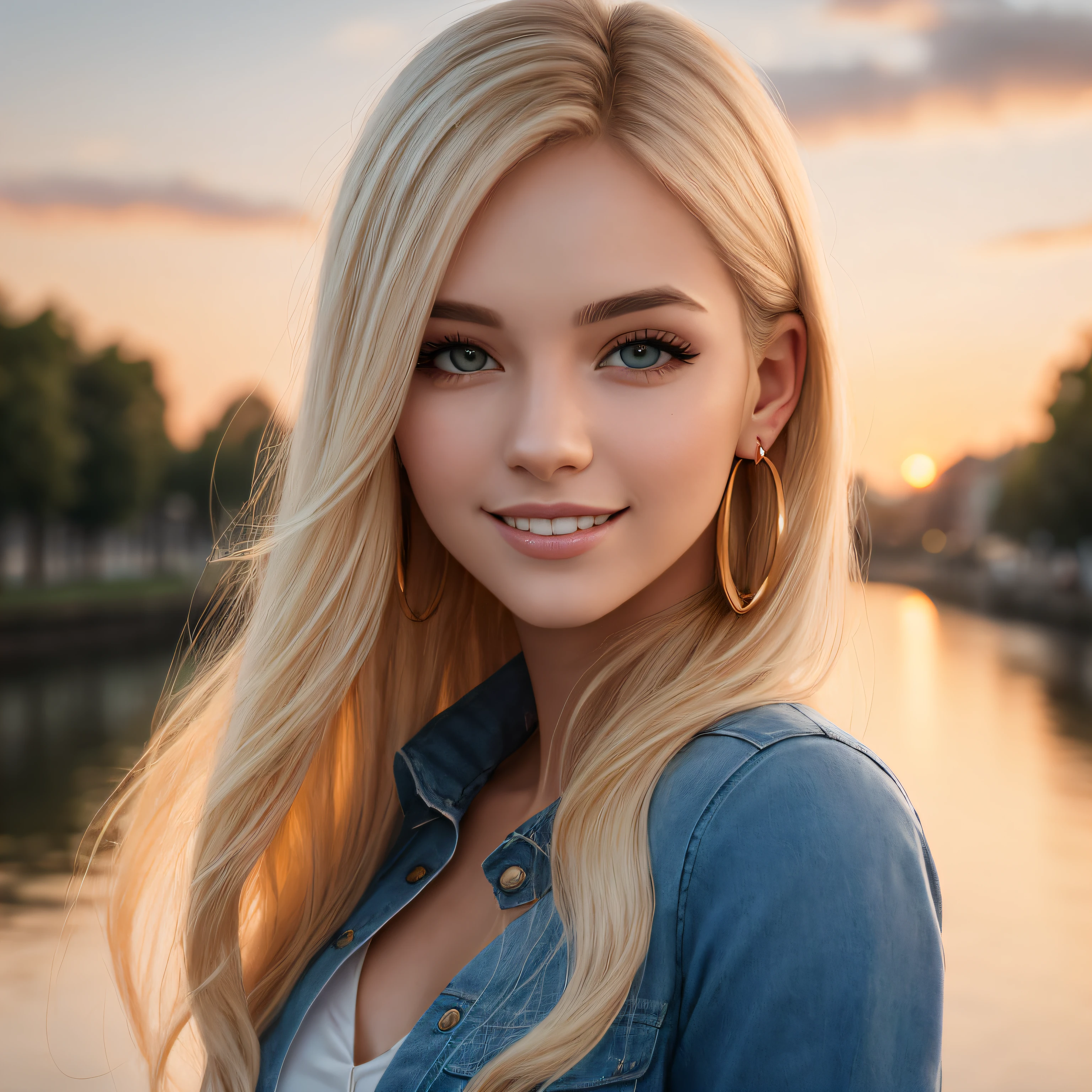 One beautiful young woman, leaning against the river embankment, beautiful sunset, blonde hair, long hair, halo, longeyelashes, mismatched pupils, earrings, smile, depth of field, reflection light, UHD, masterpiece, UHD, masterpiece, super detail, 4K --auto