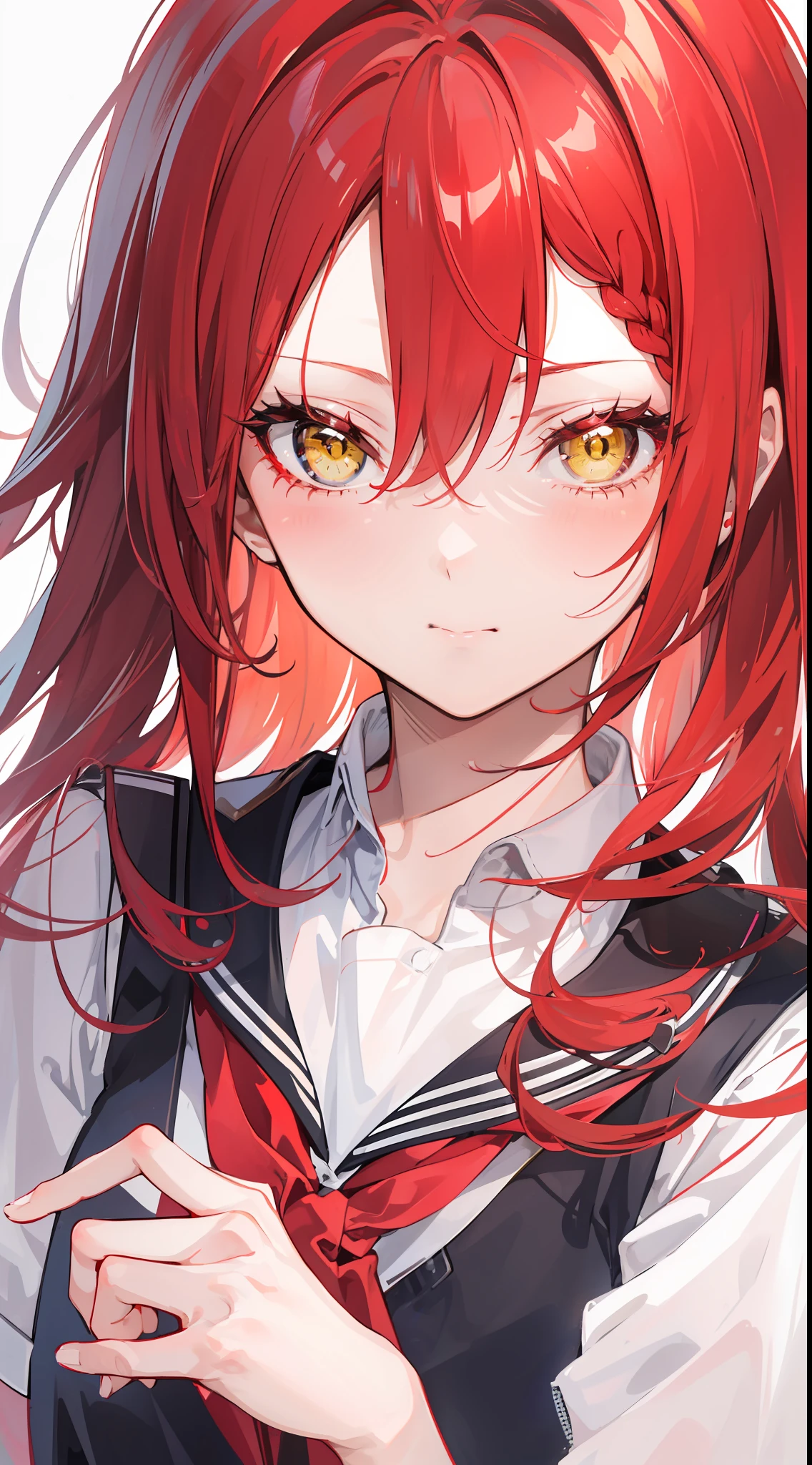 A girl was at a crossroads, wearing a school uniform, vibrant red hair and yellow eyes captivation, long hair, and a charming face