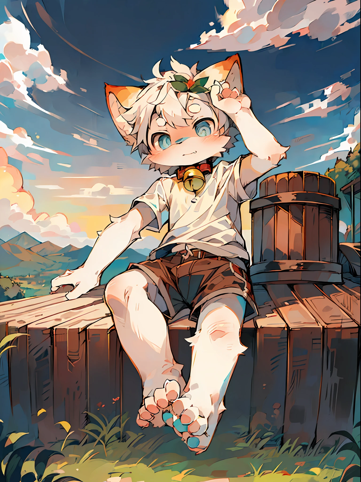 Masterpiece, high quality, absurd resolution, digital painting \ (artwork \), by dagasi, yupa, kiyosan, (fluffy fur, white fur, full body fur,), boys, blue eyes, white hair, shorts, bare feet, bright eyes, panorama, character focus. Detailed background, cloud background, dusk, sunset (bell, pet collar, white short sleeves: 1.2)