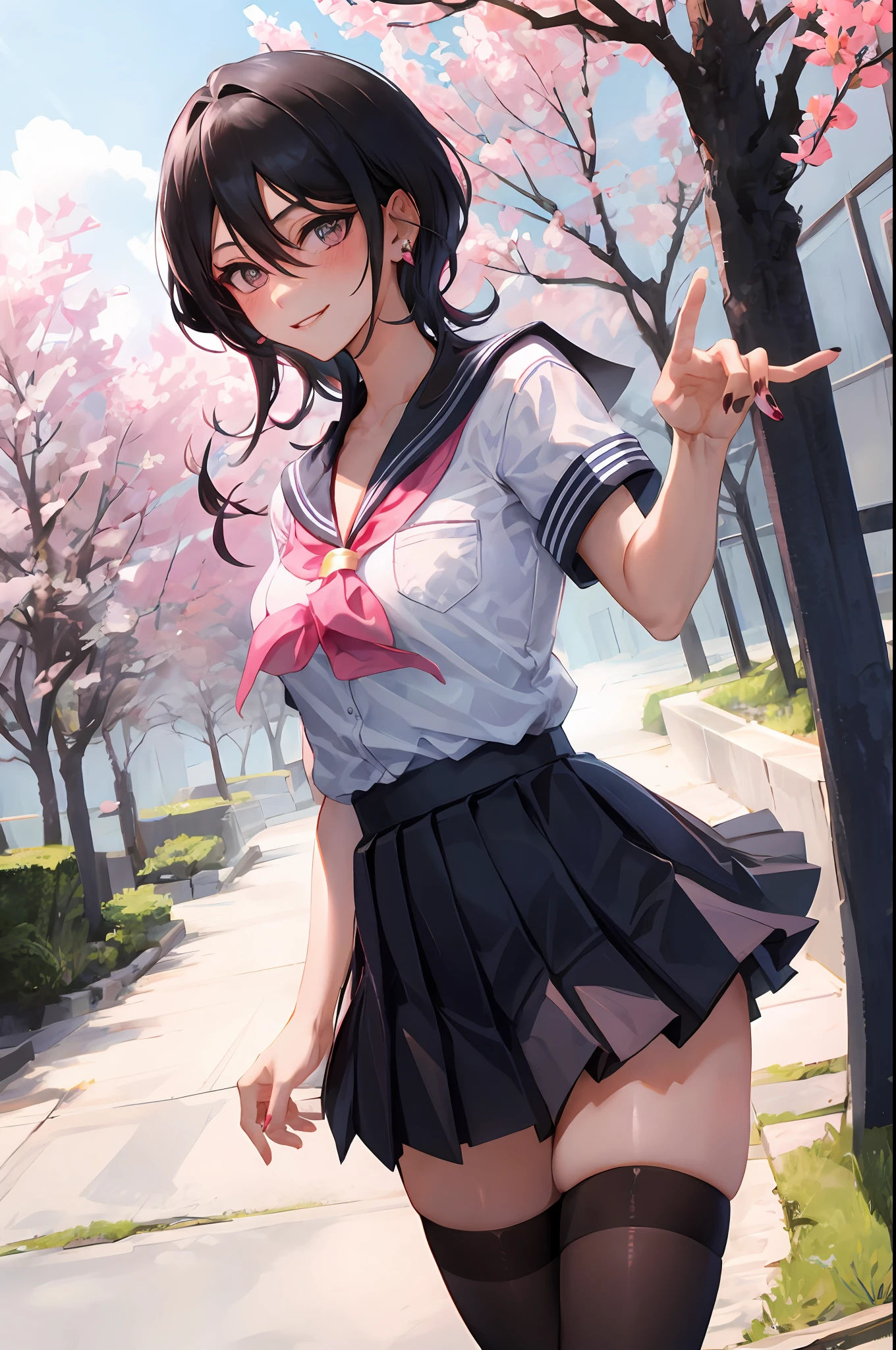 Rukia kuchiki, 1girl, solo, ((sailor uniform)), black thighhighs, breasts, cleavage, pleated skirt, hair between eyes, medium breasts, looking at viewer, messy hair, black hair, pink short nails, solo, thighhighs, thighs, ((masterpiece)), standing, ear piercing, sexy pose, blush, shy, smile, japanese temple, sakura tree,