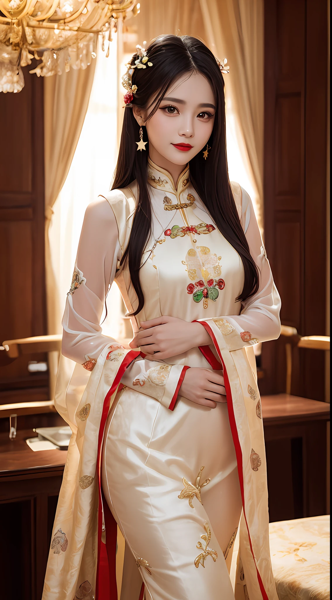 1 very pretty girl, solo, 27 years old, girl wearing bridal ao dai, long dress and hair jewelry, young girl wearing white ao dai, red and yellow silk pants, red and white hugging ao dai, thin ao dai fabric, wearing with ao dai, luxurious and mysterious dark color version, hair jewelry with many sophisticated patterns, head jewelry, red lips, thin and beautiful lips, captivating smile, beautiful details, detailed background detailed, super detailed, magic lighting, nice lighting effects, clear face, shoulder length hair, beautiful and well proportioned face, (transparent yellow eyes : 1.8), big round eyes and very beautiful and meticulous, wearing a silk dress, mysterious makeup, jewelry on ao dai, bangs flat and dyed in light yellow, medium-sized, even breasts, big buttocks, flat stomach, body curves perfect girl, girl's portrait, upper half, hanging, Real and alive, (stars: 1.7), (sky of the zodiac: 1.8), fiction , RAW photos, Vietnam Ao Dai photos, beautiful photos best, 8k, best quality 8k photo, surreal, most realistic,