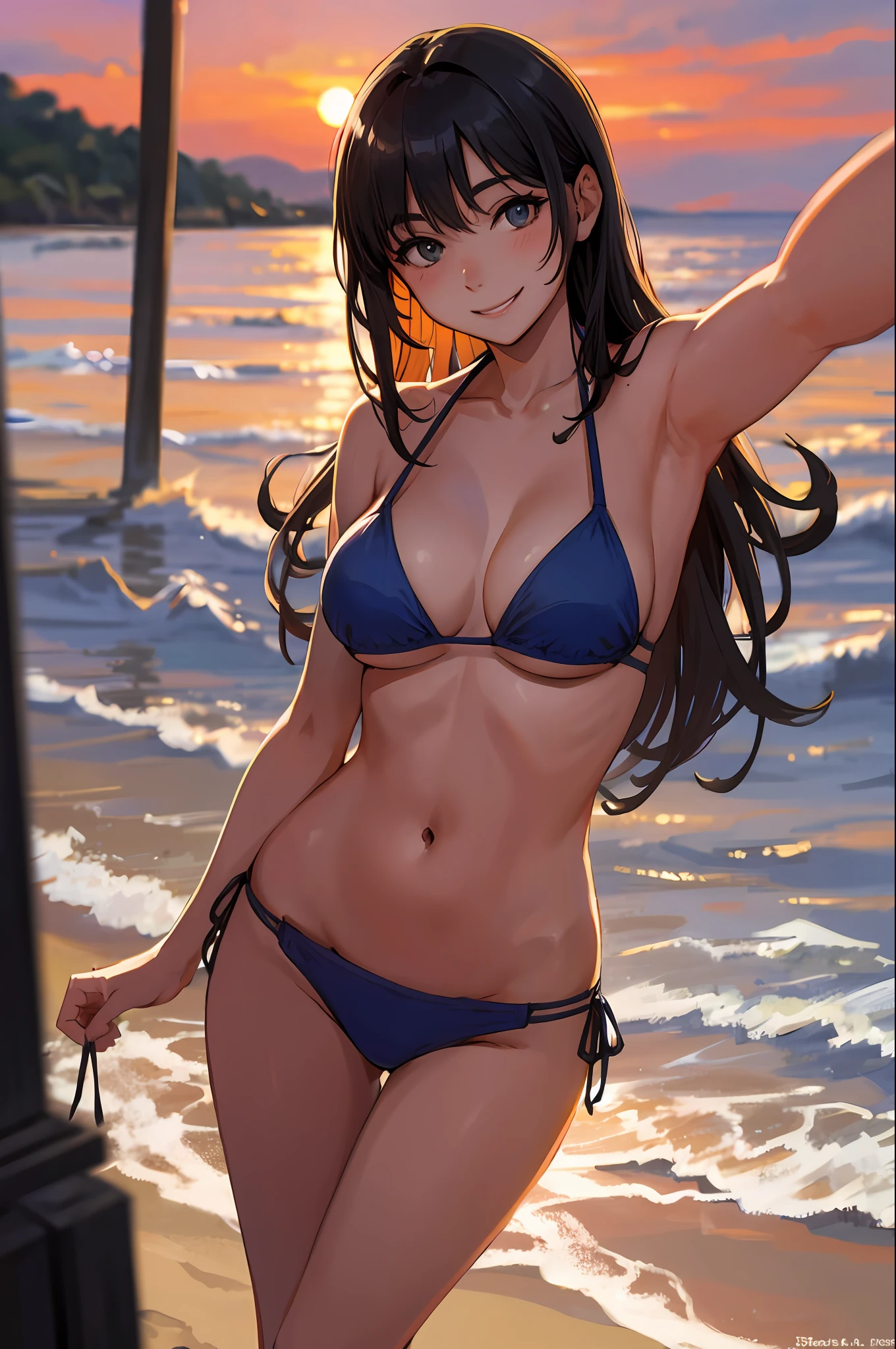realistic, 2 women.selfie, bikini, beach, smiling, y, sunset