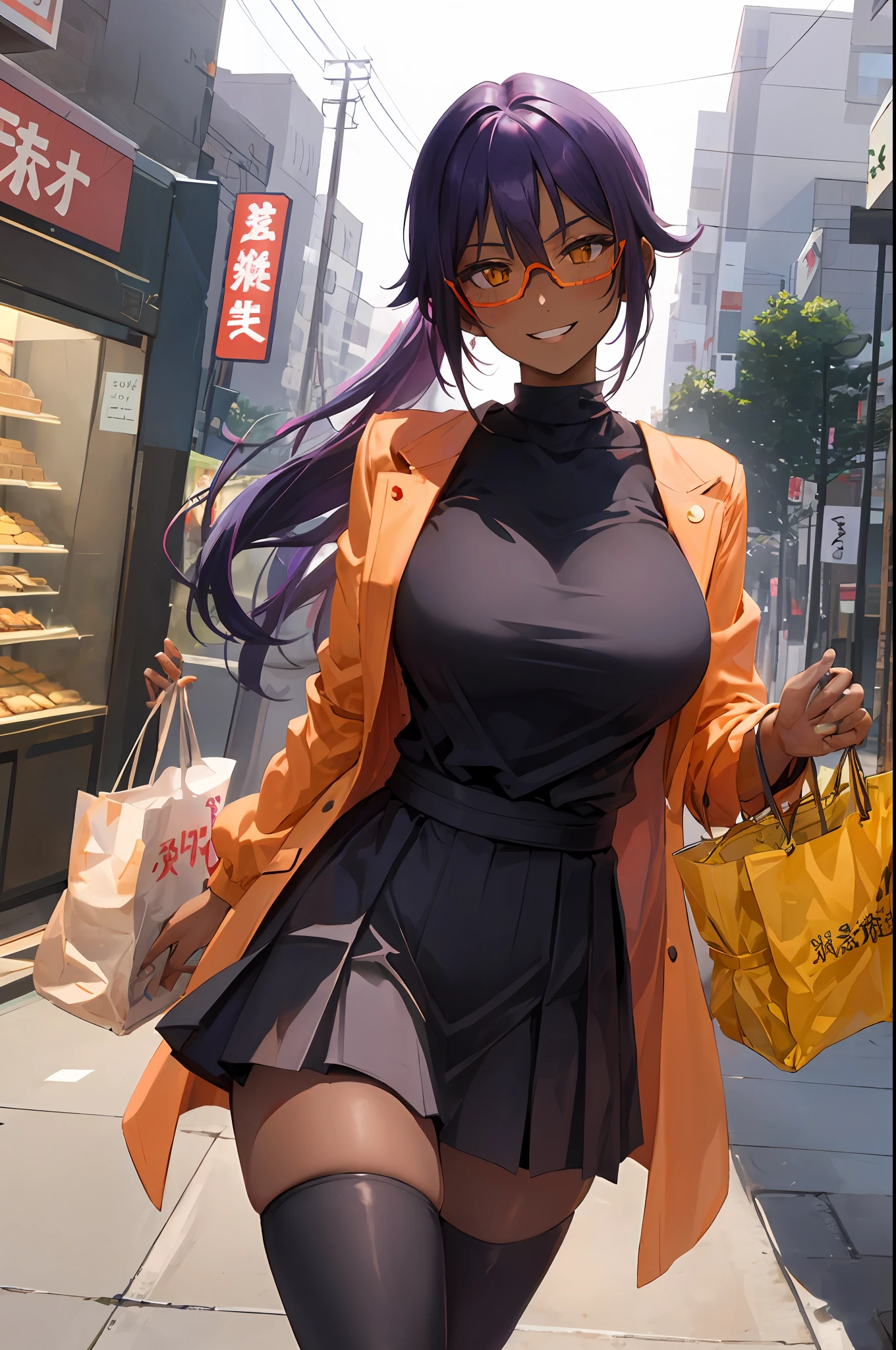 Yoruichi shihouin, ((dark skin)), 1girl, solo, hip hop shirt, orange jacket, cool glasses, oversized t shirt, black thighhighs, breasts, cleveage, pleated skirt, hair between eyes, large breasts, long hair, looking at viewer, purple hair, pony tail, solo, thighhighs, thighs, long hair, ((masterpiece)), tokyo city, japanese store, japan road, tokyo tower, standing, sexy pose, blush, shy, smile, show teeth, detailed hand, beautifull finger,