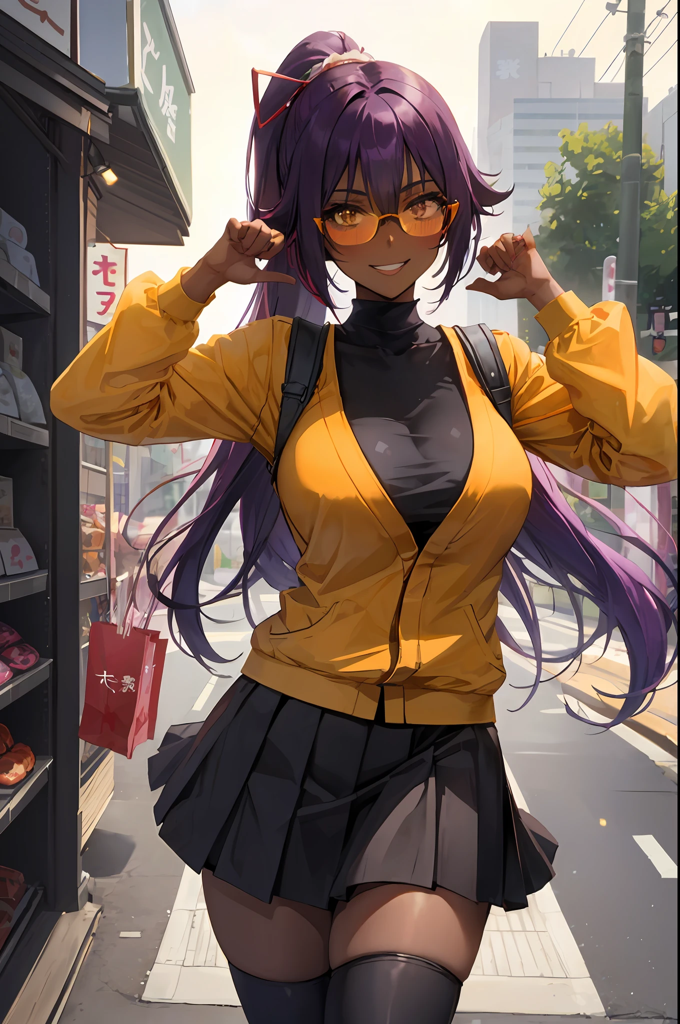 Yoruichi shihouin, ((dark skin)), 1girl, solo, hip hop shirt, orange jacket, cool glasses, oversized t shirt, black thighhighs, breasts, cleveage, pleated skirt, hair between eyes, large breasts, long hair, looking at viewer, purple hair, pony tail, solo, thighhighs, thighs, long hair, ((masterpiece)), tokyo city, japanese store, japan road, tokyo tower, standing, sexy pose, blush, shy, smile, show teeth, detailed hand, beautifull finger,