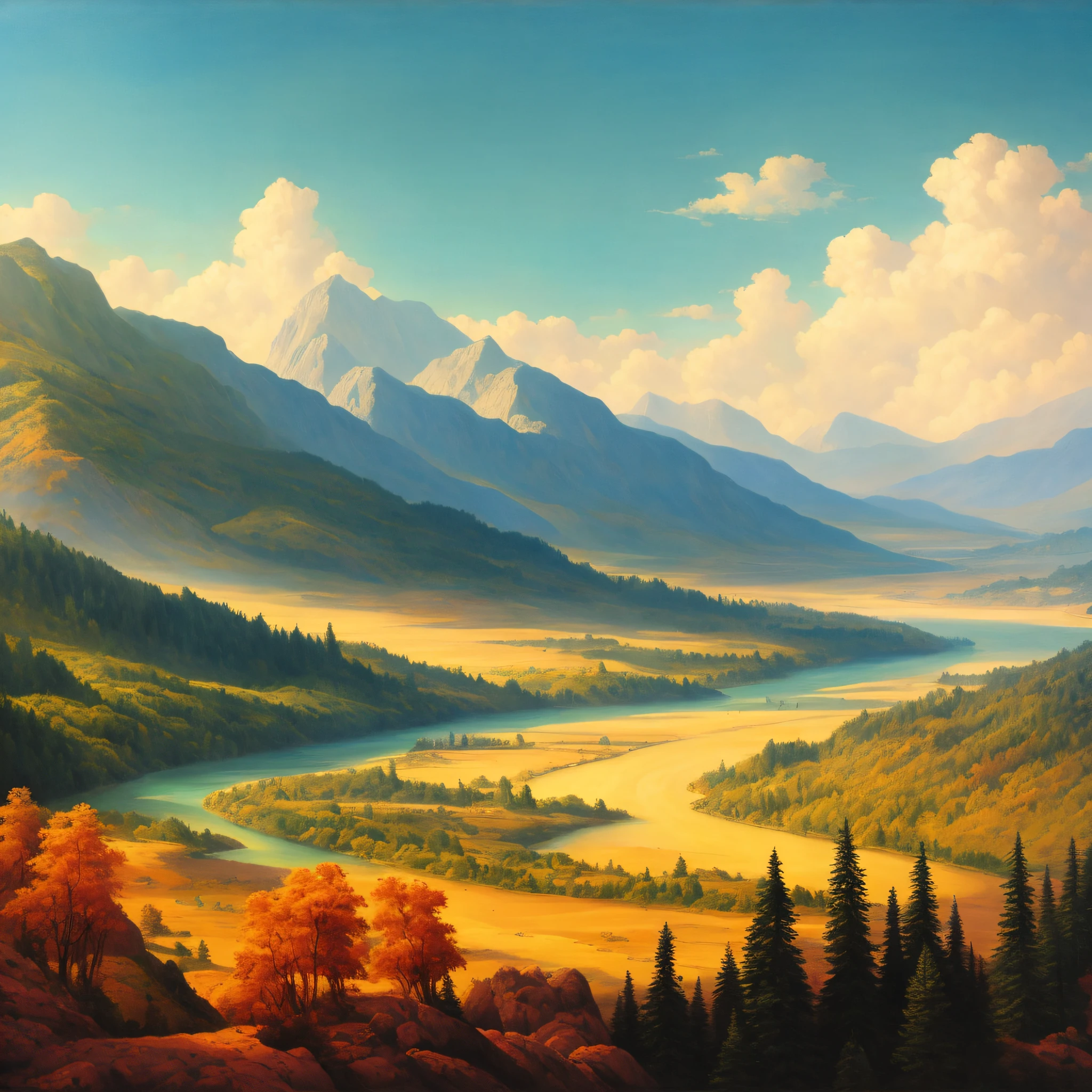 painting of a mountain landscape with a river and a valley, by Franz Hegi, beautiful art uhd 4 k, scenery artwork, mountain valley, detailed painting 4 k, lovely valley, 4k highly detailed digital art, scenery art detailed, wlop and rhads, 4k hd matte digital painting, silvain sarrailh