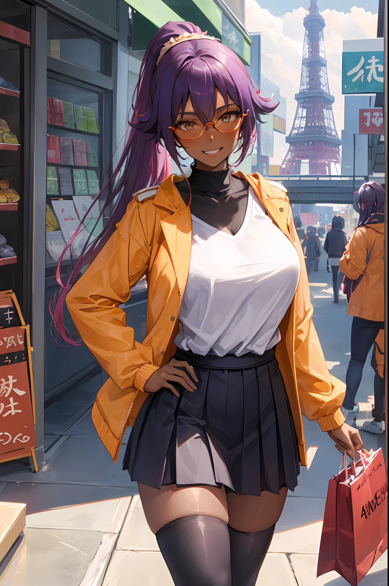 Yoruichi shihouin, ((dark skin)), 1girl, solo, hip hop shirt, orange jacket, cool glasses, oversized t shirt, black thighhighs, breasts, cleveage, pleated skirt, hair between eyes, large breasts, long hair, looking at viewer, purple hair, pony tail, solo, thighhighs, thighs, long hair, ((masterpiece)), tokyo city, japanese store, japan road, tokyo tower, standing, sexy pose, blush, shy, smile, show teeth, detailed hand, beautifull finger,