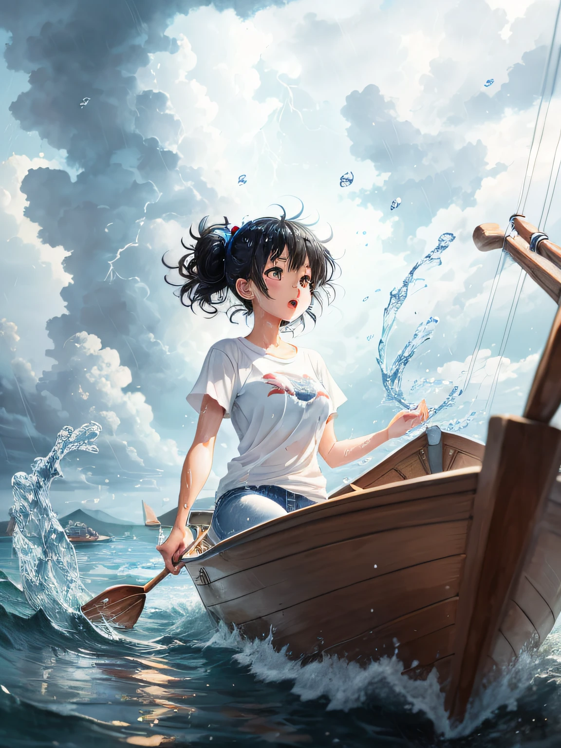 High quality, high-resolution CG illustrations, inside a rowboat in a storm, white T-shirt, blue jeans, girl with black hair tied back, splashing water, anime style --auto