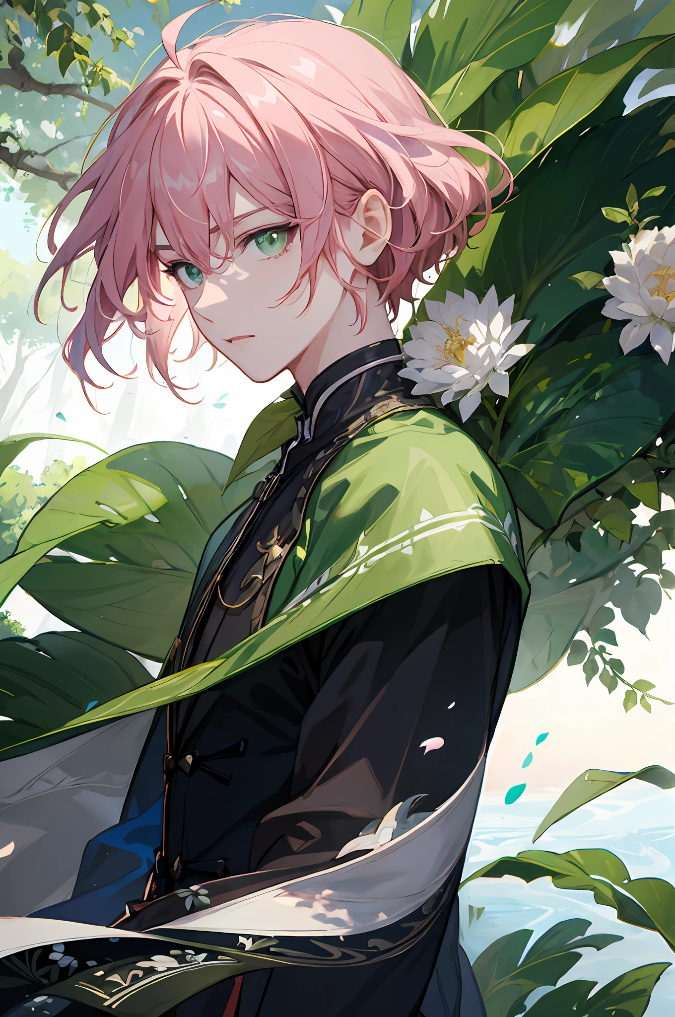 anime - style image of a woman with pink hair and green eyes, delicate androgynous prince, beautiful androgynous prince, handsome guy in demon slayer art, inspired by Bian Shoumin, demon slayer rui fanart, anime lush john 8k woods, zerochan art, the flower prince, highly detailed exquisite fanart, keqing from genshin impact