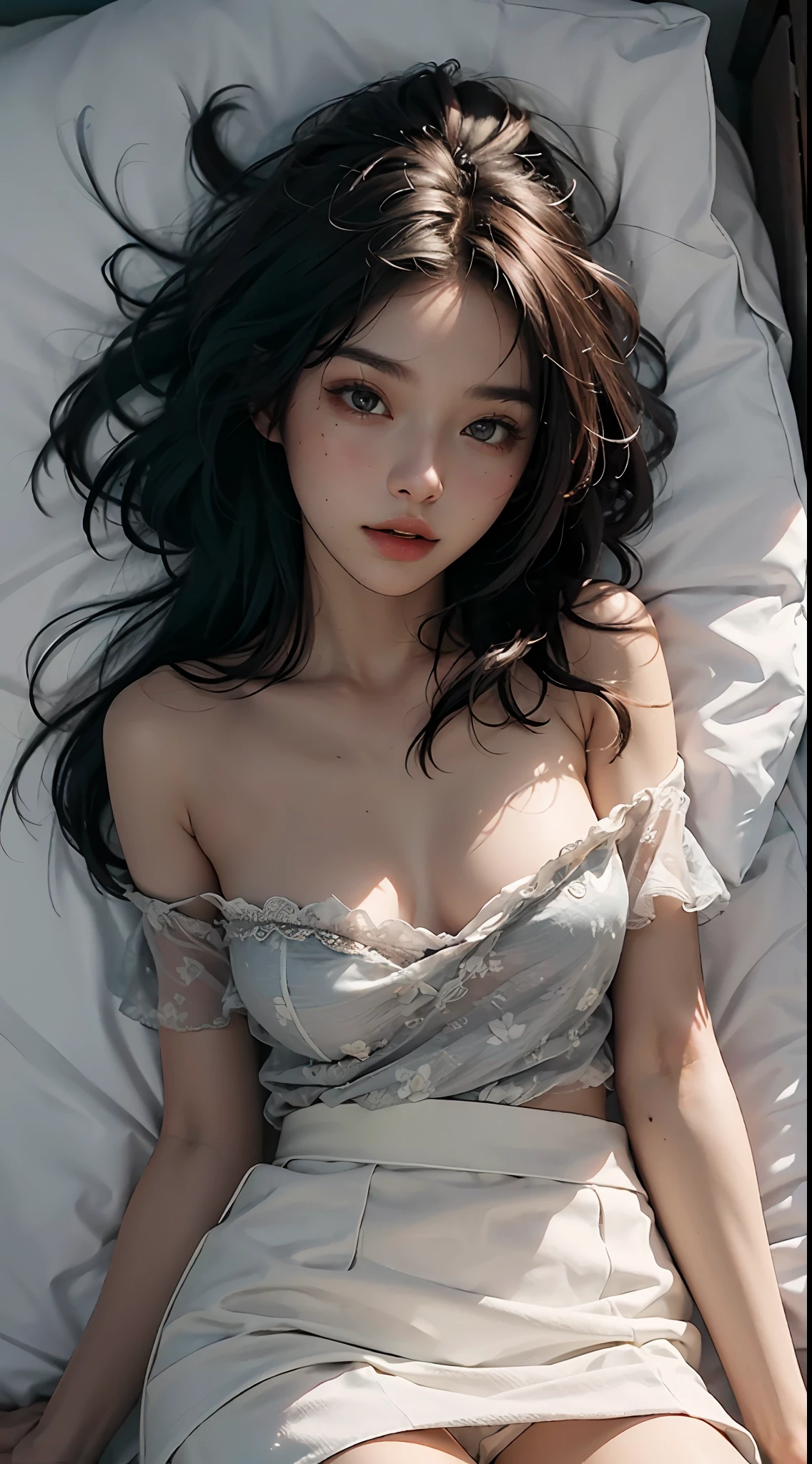 Best quality, masterpiece, super high resolution, (fidelity: 1.4), original photo, sexy model of 24 years old, messy long hair, straight shoulders, half-exposed chest, white transparent floral short skirt, lying flat on bed, not showing palms, showing from an overhead perspective, surprising detail, very detailed