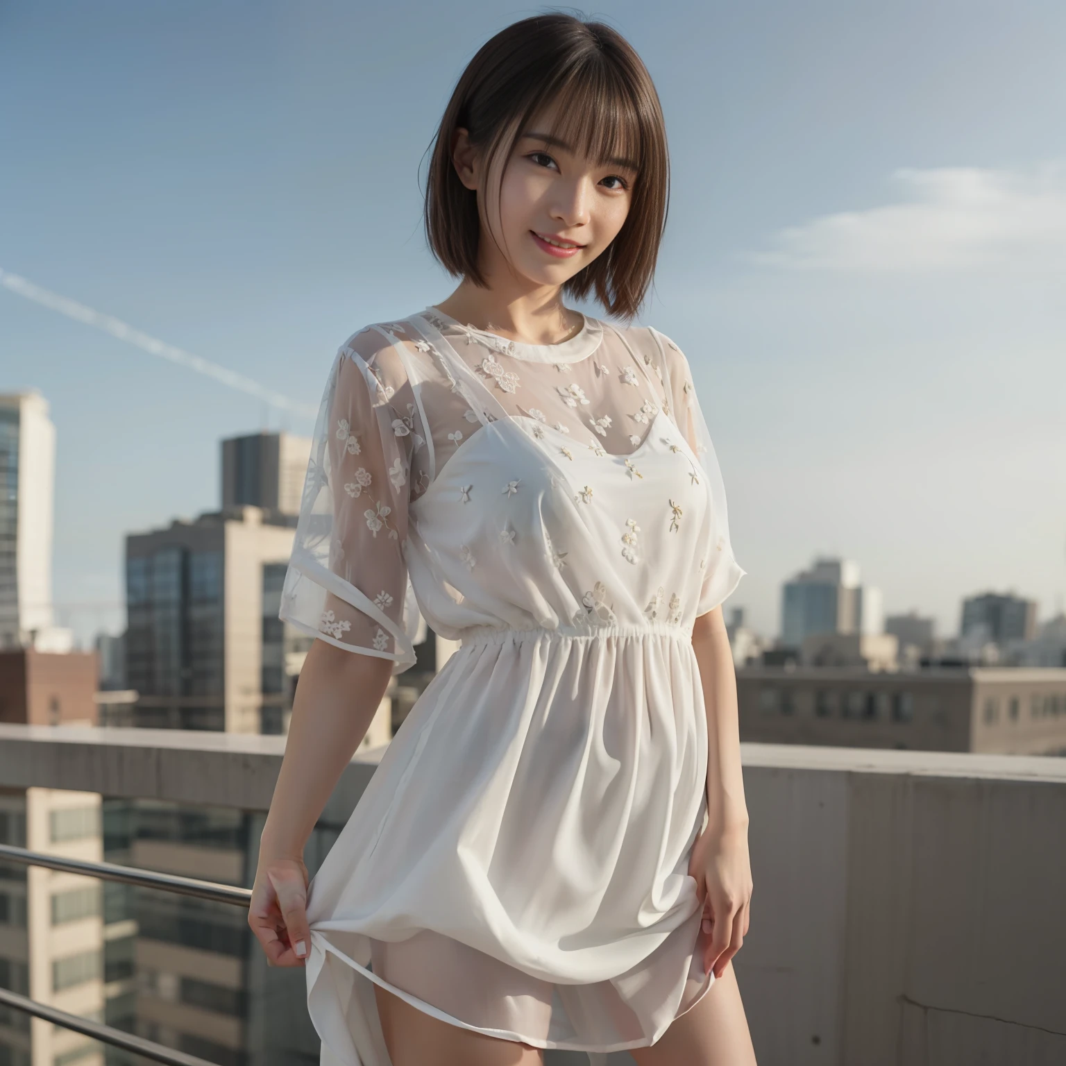 ((Top Quality, 8K, Masterpiece: 1.3)), Focus: 1.2, Perfect Body Beauty: 1.5, Ass: 1.2, (Wet Clothes: 1.1), (Night, Rooftop: 1.3), Bando Dress: 1.1, Highly Detailed Face and Skin Texture, Narrow Eyes, Double Eyelids, Whitening Skin, (Shut Up: 1.3), Smile, Brown Hair, Bob Hair, Leaning Eyes, Muscular, Slender, Full Body, Detailed Fingertips, One WomanSolo, Clothed, Beautiful Legs, Clothed, White Dress