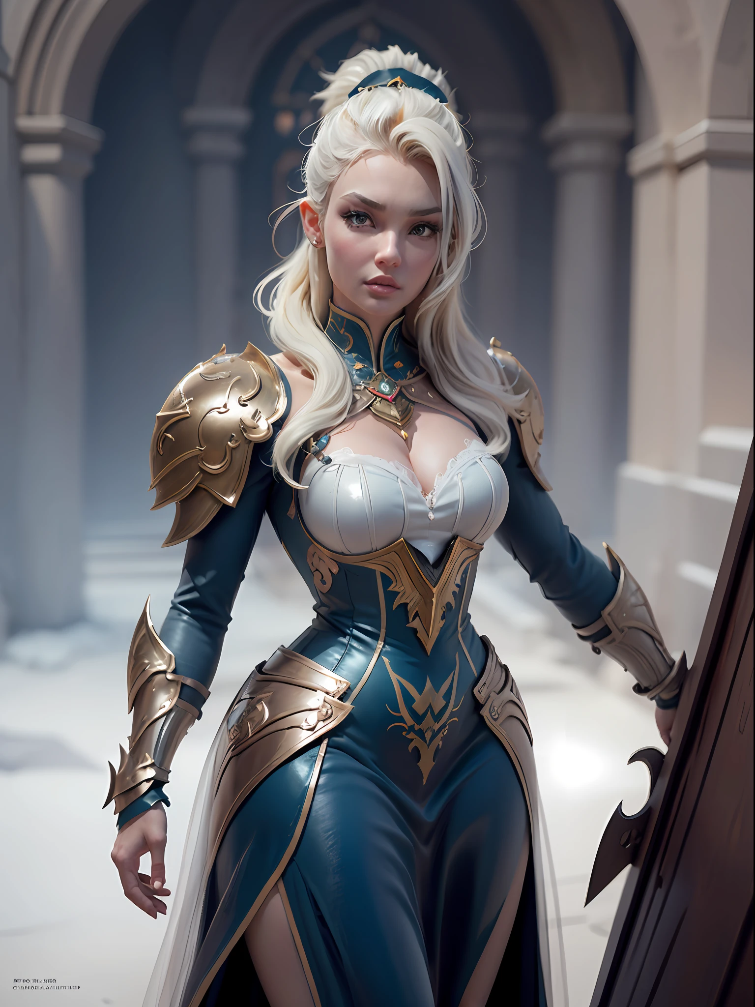 close-up of Britney Spears in a silver and blue dress, chengwei pan on artstation, by Yang J, detailed fantasy art, stunning character art, fanart best artstation, epic and exquisite character art, beautiful armor, extremely detailed art, detailed digital anime art, artgerm on artstation pixiv, girl in armor
