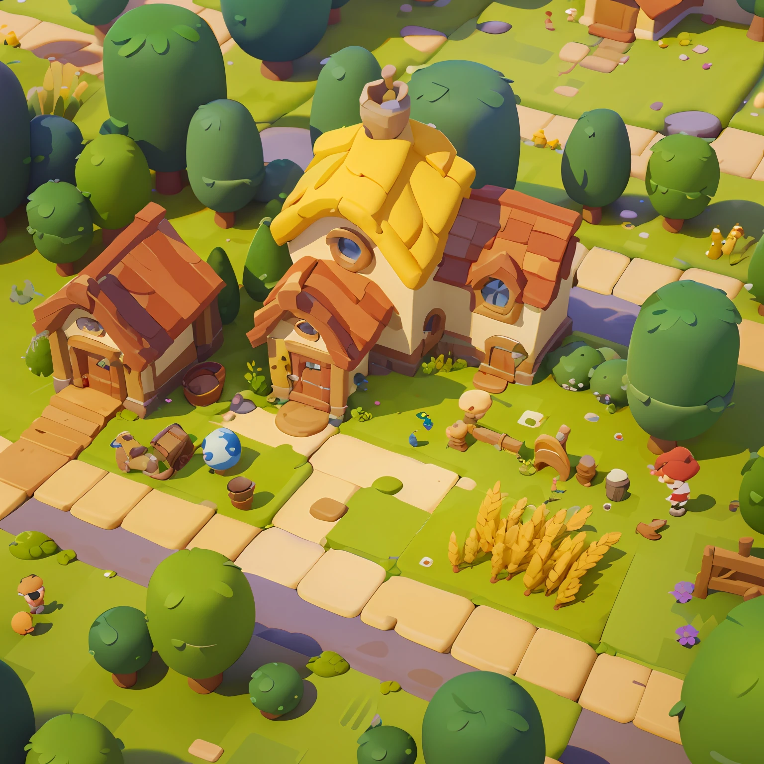 Game architecture design, cartoon, farm, stone, brick, grass, river, flowers, vegetables, wheat, trees, animals, casual play style, 3d, blender, masterpiece, super detail, best quality