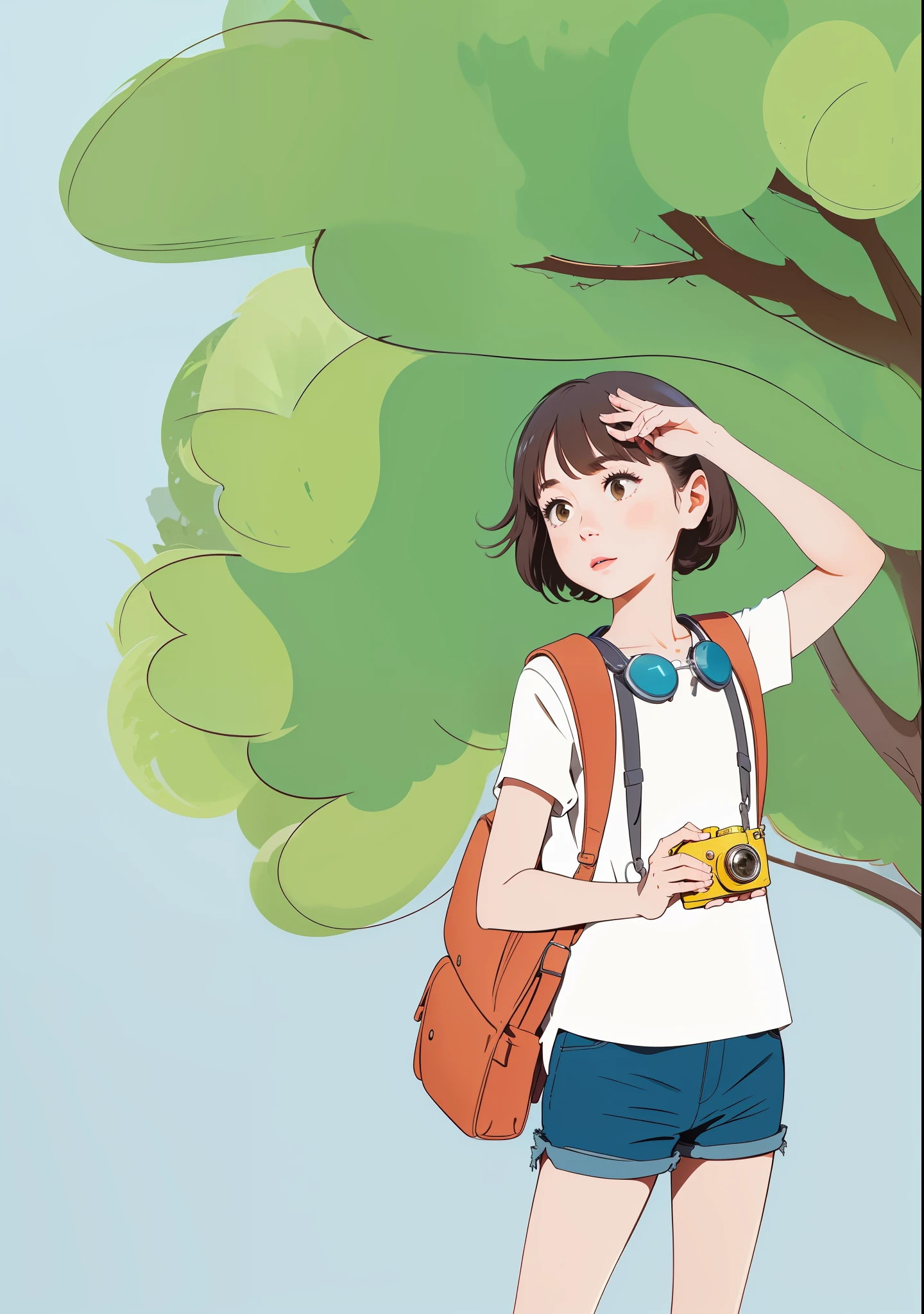 It's a bright day, a girl standing under a tree blocking the sun, wearing white clothes, blue collar, denim shorts, carrying a school bag, and a camera around her neck
