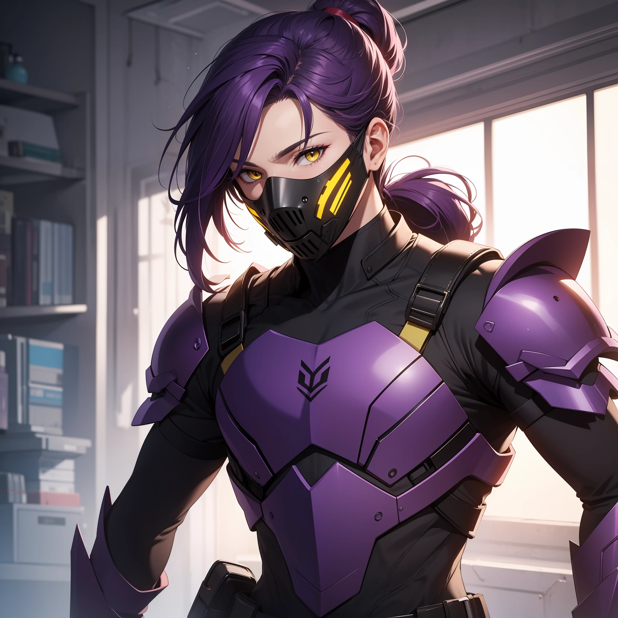 solo male, purple hair, ponytail, yellow eyes, purple armor, science fiction, mask, covered face