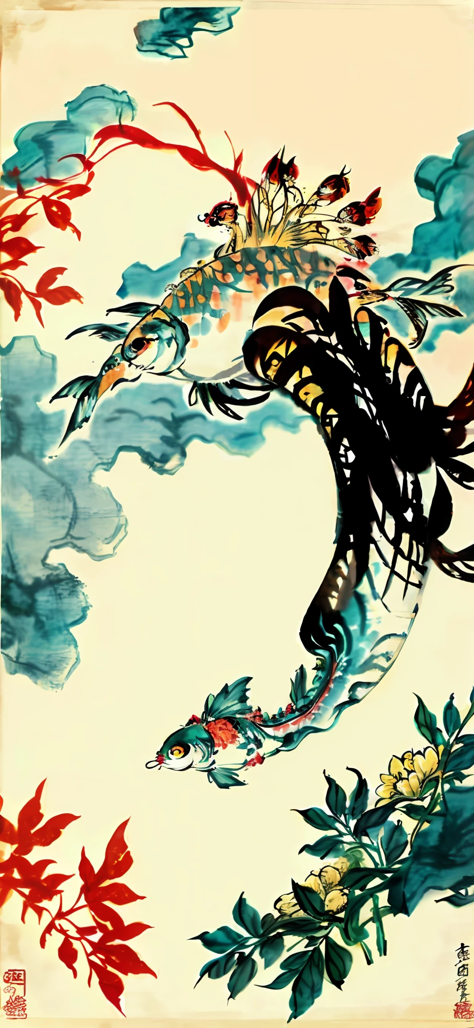 huge koi carp,giant fear,Artprint of people fishing koi carp in water,, surrealism.dreamy otherworldly sight, gu hongzhong, intricatepatterns and details, red predominate, gold accents.erica hopper, aerial abstraction Style, organic forms andpatterns, captivating visual storytelling, Chinese punk,can't believe what a beautiful, dramatic movementthis