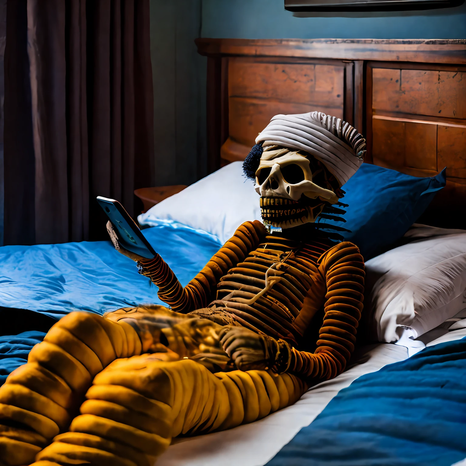 A full-length punk mummy talking on a cell phone is lying in bed