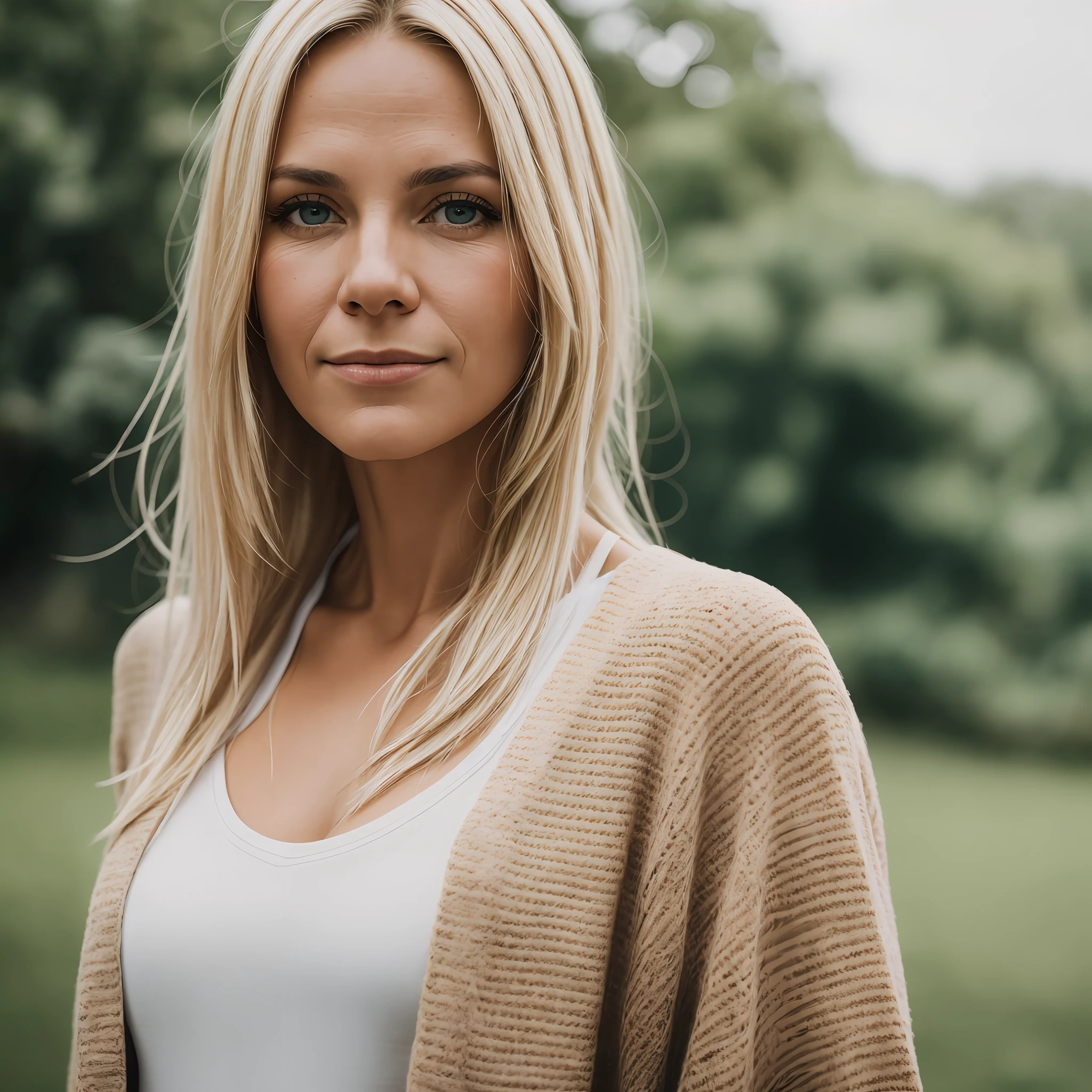 RAW photo, a portrait photo of a blonde (41 years old) in casual clothes, natural skin, 8k uhd, high quality, film grain, Fujifilm XT3, ph --auto