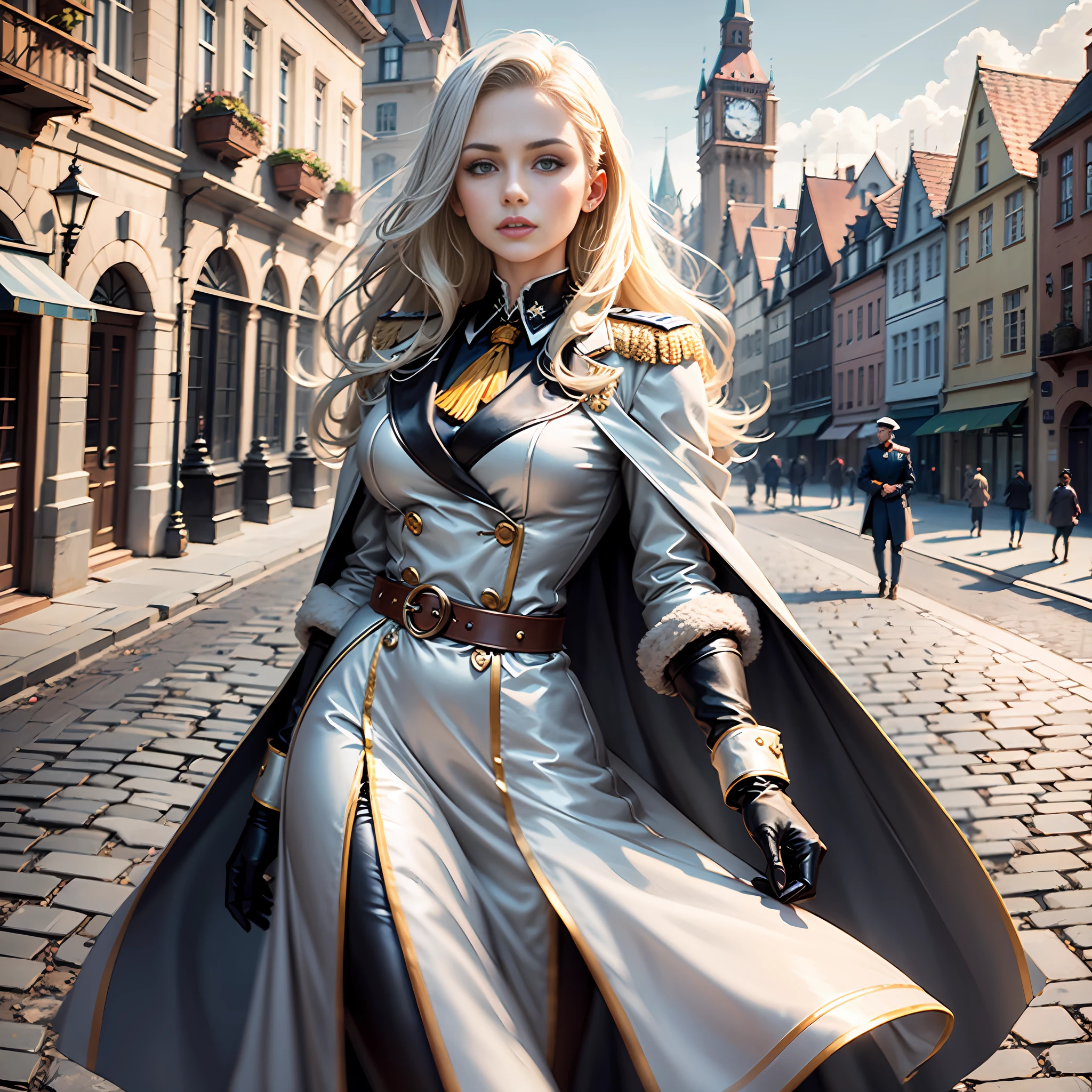 Portrait of a woman, Slavic appearance: blond hair; sharp facial features; straight nose; pronounced high cheekbones, divine appearance, stands upright, guards uniform: gray double-breasted overcoat; gray pants; Black leather belt with steel clasp, full height, maximum detail, masterpiece quality, black leather gloves, background: stone paved road with European houses of the first half of the 20th century, high quality shadows, high quality light.