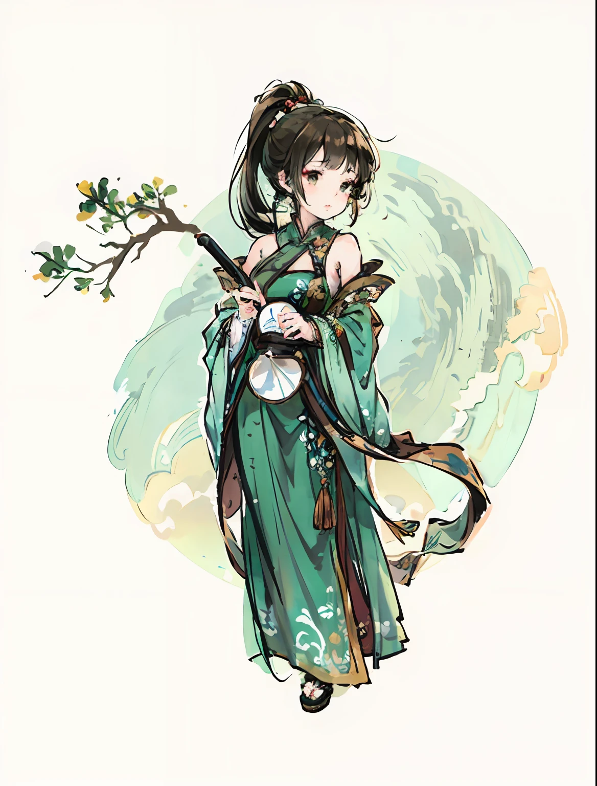 1 , 8k, fine face, adult woman, long legs, game standing painting, full body, landscape background, Chinese painting, vivid ancient world, green costume, holding a fan in hand, double ponytail brown long hair,