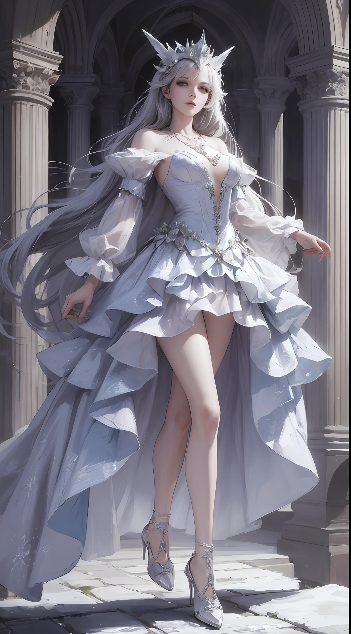Snow Queen, Ice Blue Dress, Long Hair, Ice Headgear, Ice Crystal Necklace, Ice Wand, High Heels, Icy Eyes, Breath of the Ice Queen, Top Shot, Loose Hair, Master Works, Best Picture Quality, More Detail, Ultra High Resolution, Mood Lighting, Soft Light, Ambient Lighting, Pixiv Trend, Best Image Quality, More Detail, Ultra High Resolution, Ambient Lighting, --auto --s2