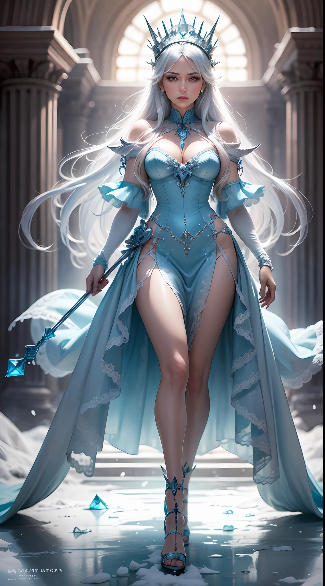 Snow Queen, Ice Blue Dress, Long Hair, Ice Headgear, Ice Crystal Necklace, Ice Wand, High Heels, Icy Eyes, Breath of the Ice Queen, Top Shot, Loose Hair, Master Works, Best Picture Quality, More Detail, Ultra High Resolution, Mood Lighting, Soft Light, Ambient Lighting, Pixiv Trend, Best Image Quality, More Detail, Ultra High Resolution, Ambient Lighting, --auto --s2