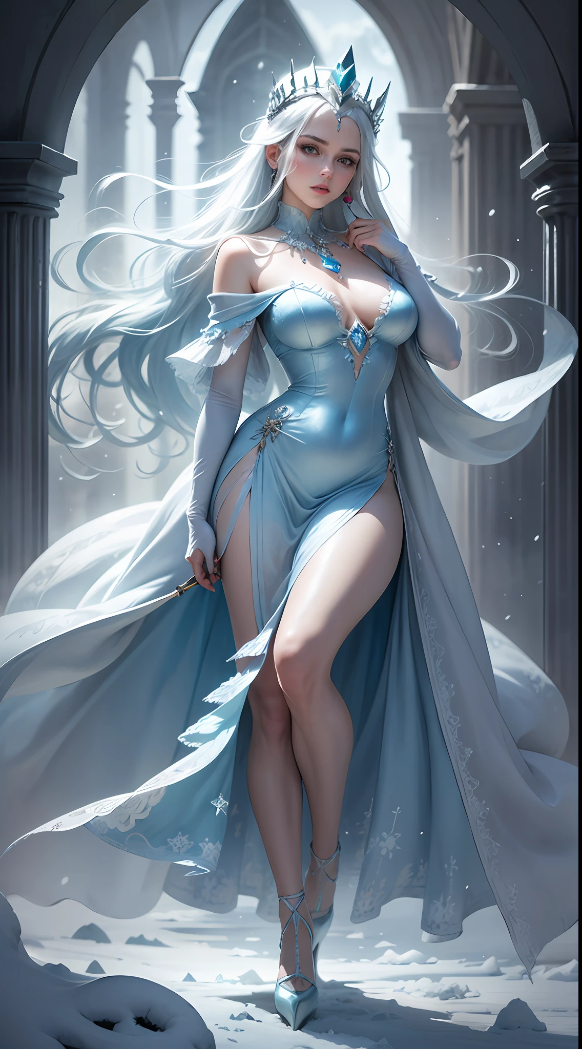 Snow Queen, Ice Blue Dress, Long Hair, Ice Headgear, Ice Crystal Necklace, Ice Wand, High Heels, Icy Eyes, Breath of the Ice Queen, Top Shot, Loose Hair, Master Works, Best Picture Quality, More Detail, Ultra High Resolution, Mood Lighting, Soft Light, Ambient Lighting, Pixiv Trend, Best Image Quality, More Detail, Ultra High Resolution, Ambient Lighting, --auto --s2